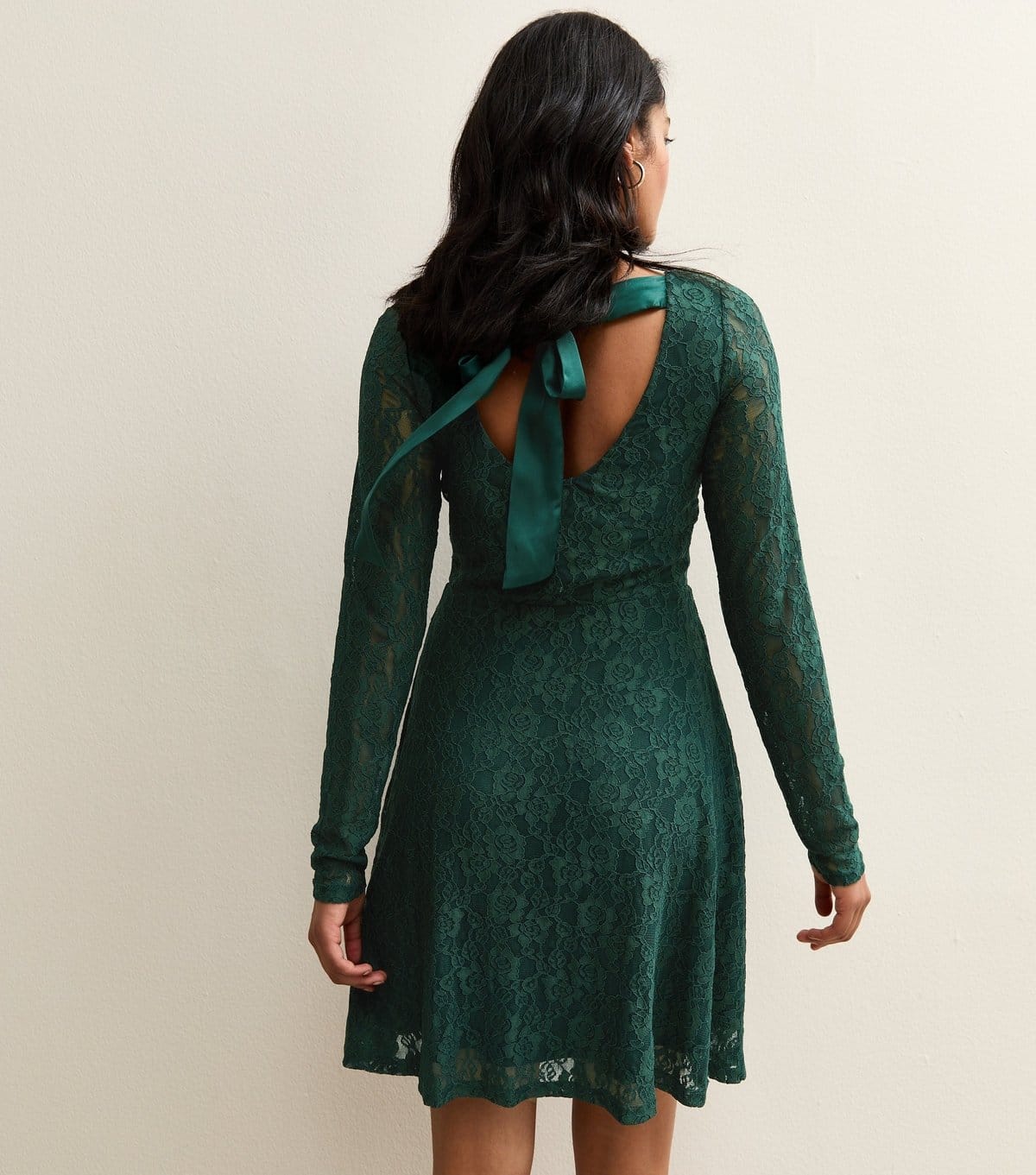 New Look Women's Green Lace Long Sleeved Skater Mini Dress New Look - 4