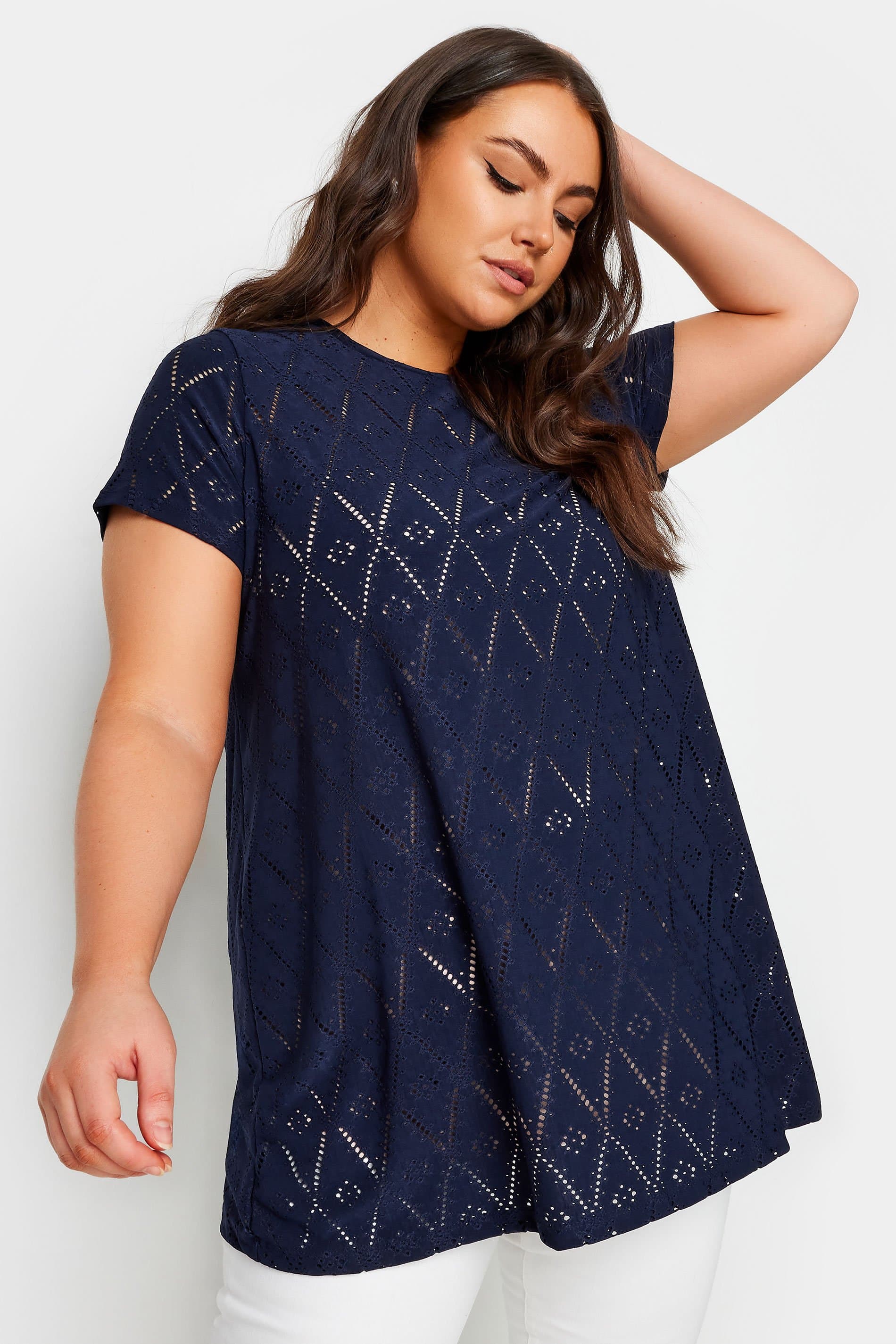 Yours Plus Size Navy Blue Broderie Anglaise Swing Tshirt
