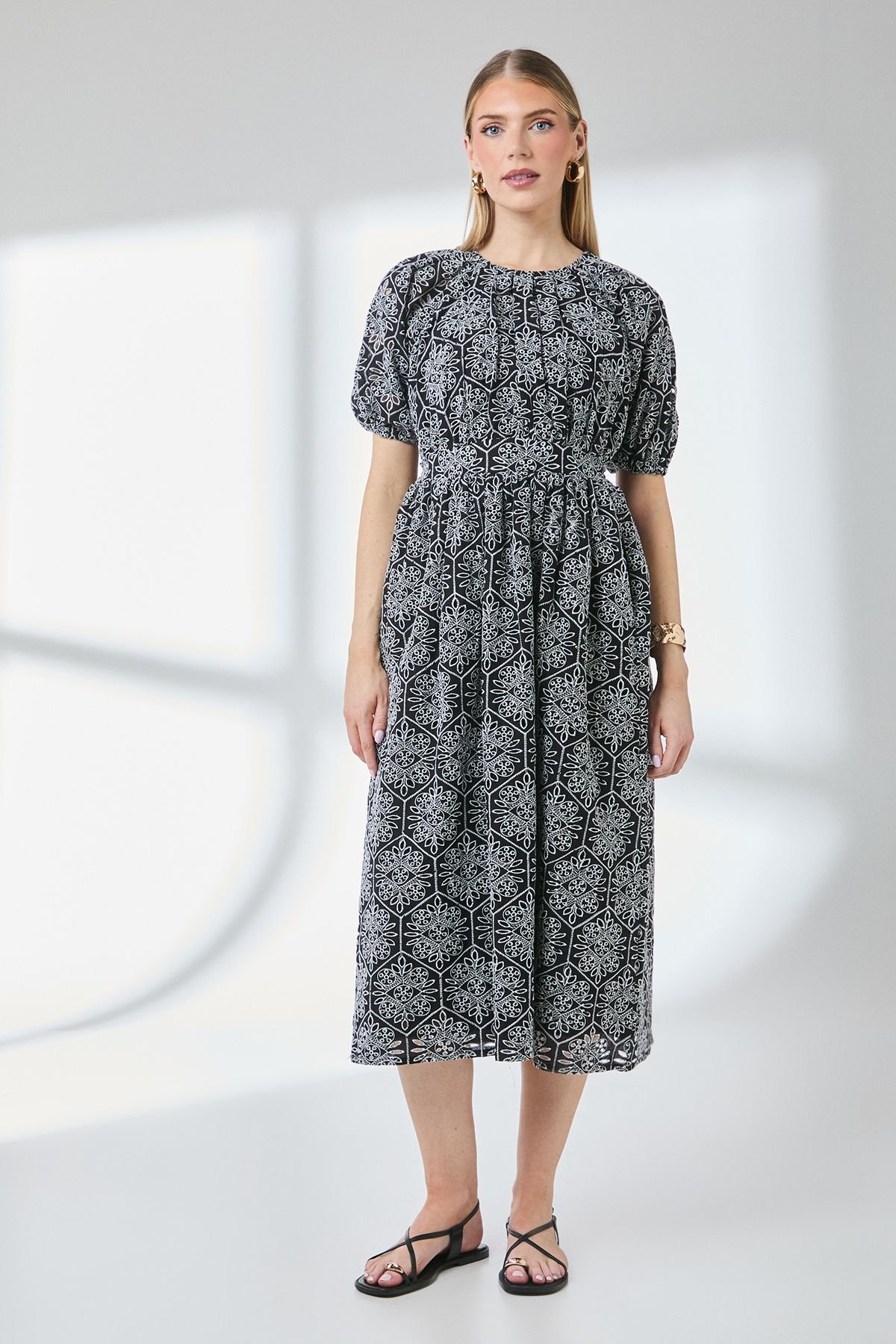 Principles Principles Women's Black Puff Sleeve Waistband Detail Broderie Midi Dress - 2