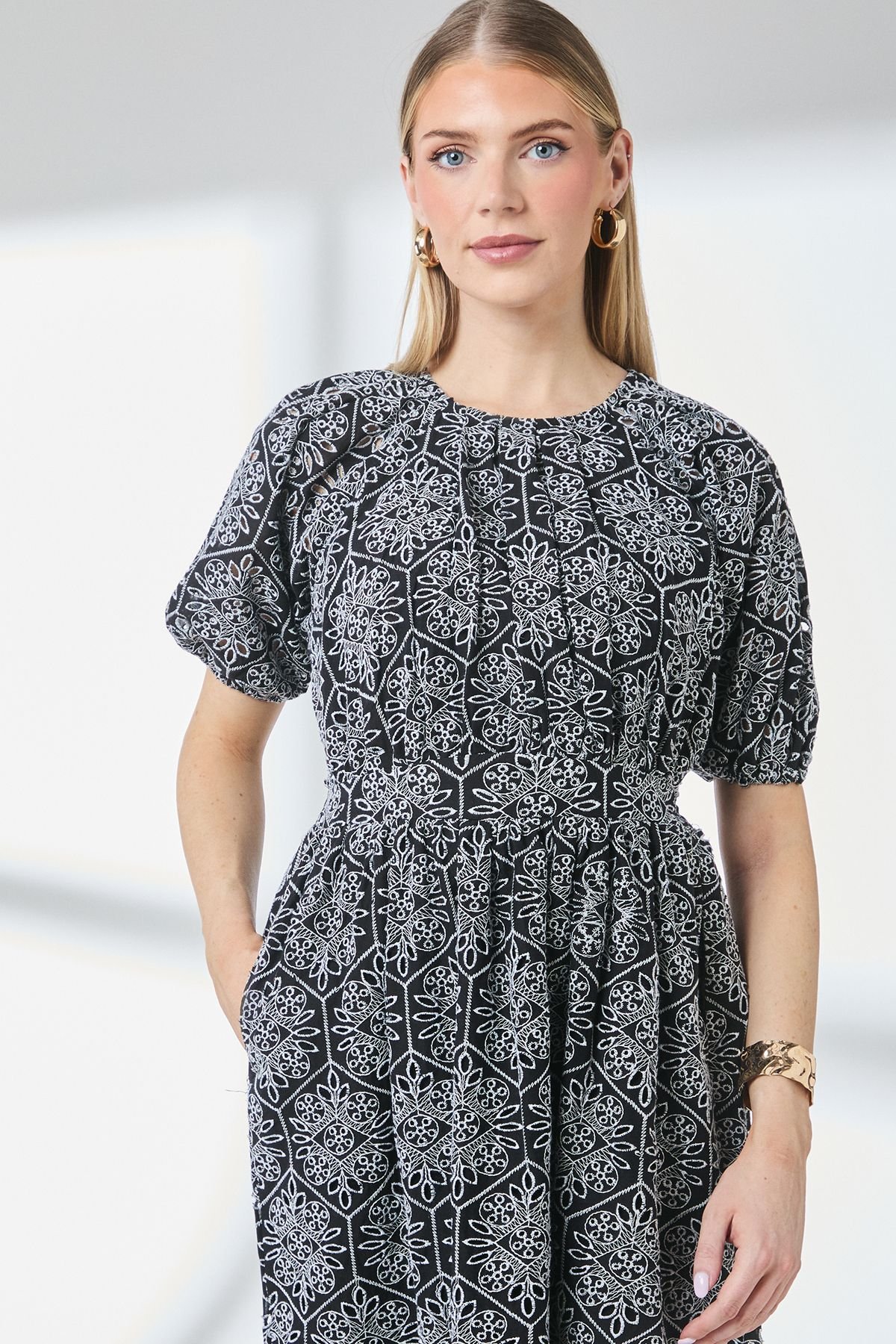 Principles Principles Women's Black Puff Sleeve Waistband Detail Broderie Midi Dress - 3