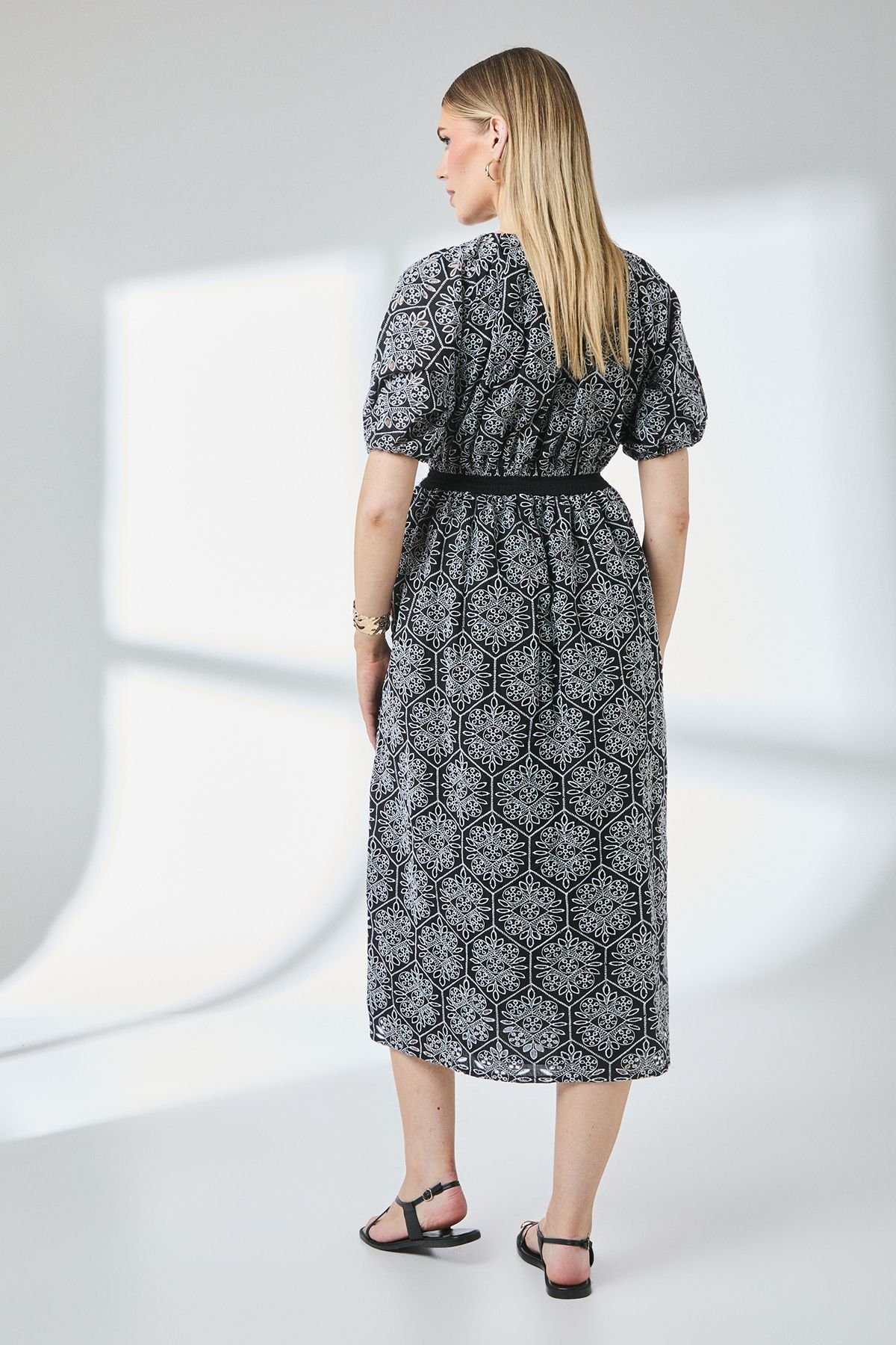 Principles Principles Women's Black Puff Sleeve Waistband Detail Broderie Midi Dress - 4