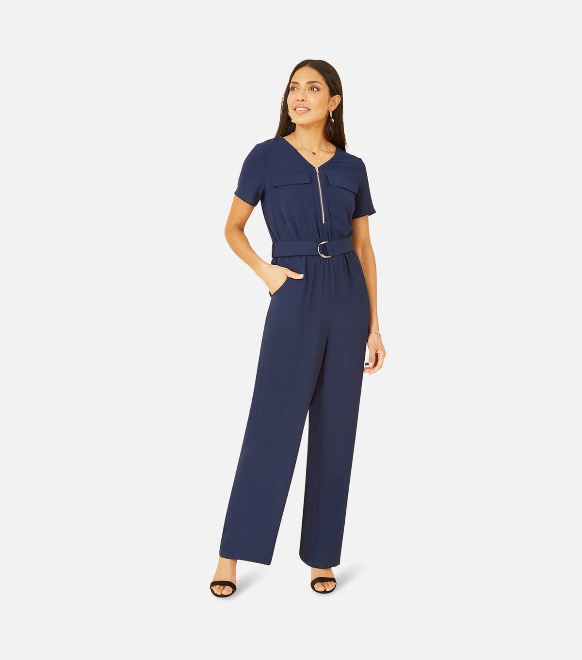 Yumi Women's Navy Wide Leg Belted Jumpsuit Yumi New Look