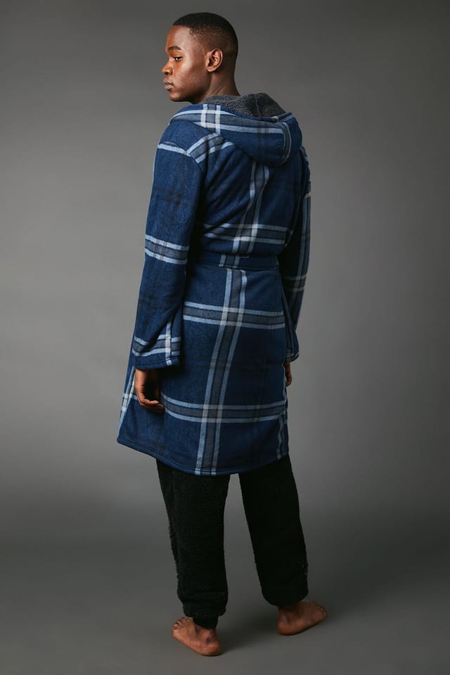 Maine Maine Men's Navy Check Bonded Fleece Lined Dressing Gown - 3