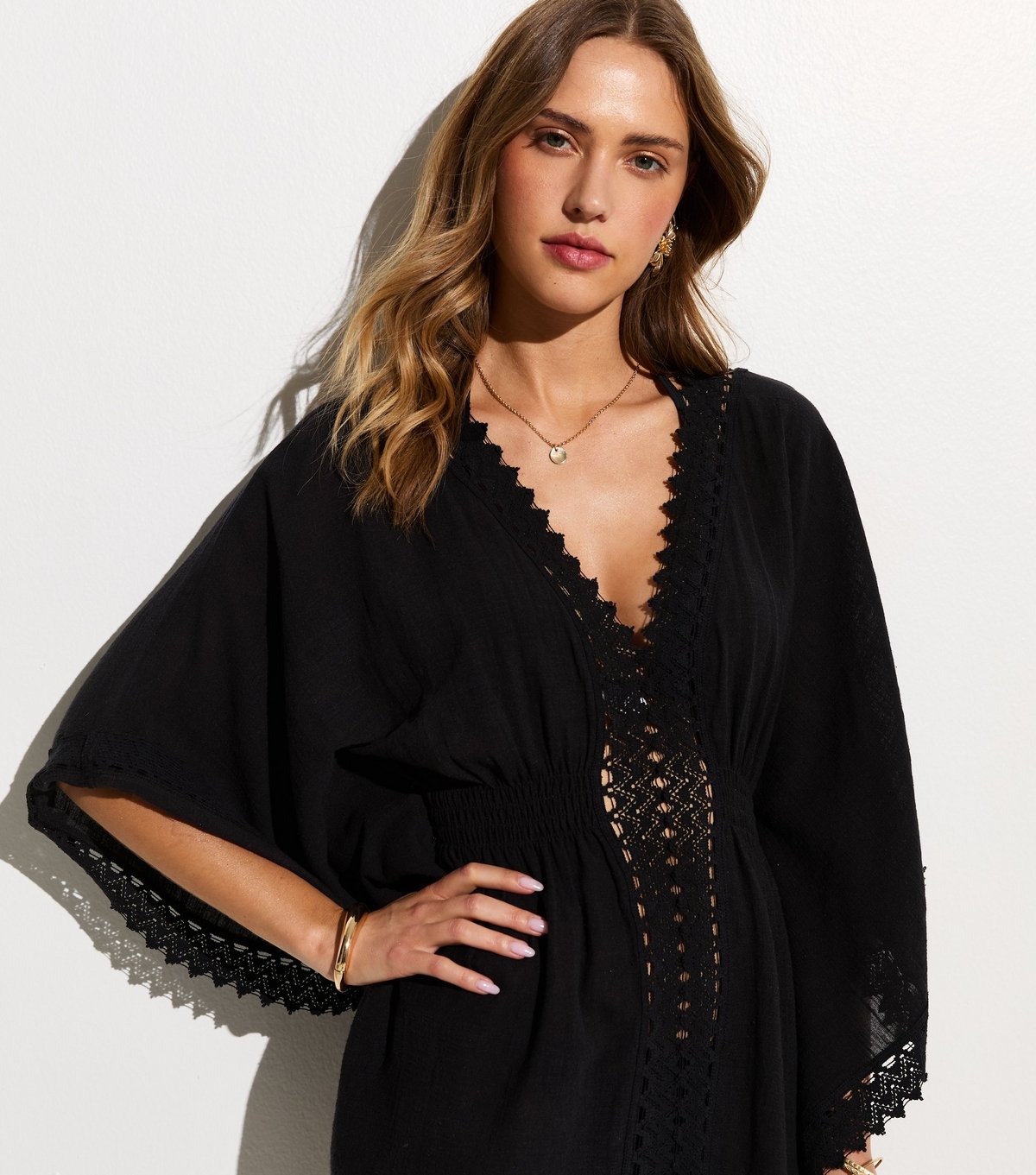 New Look Women's Black Cotton Crochet Trim Beach Kaftan Dress New Look - 2