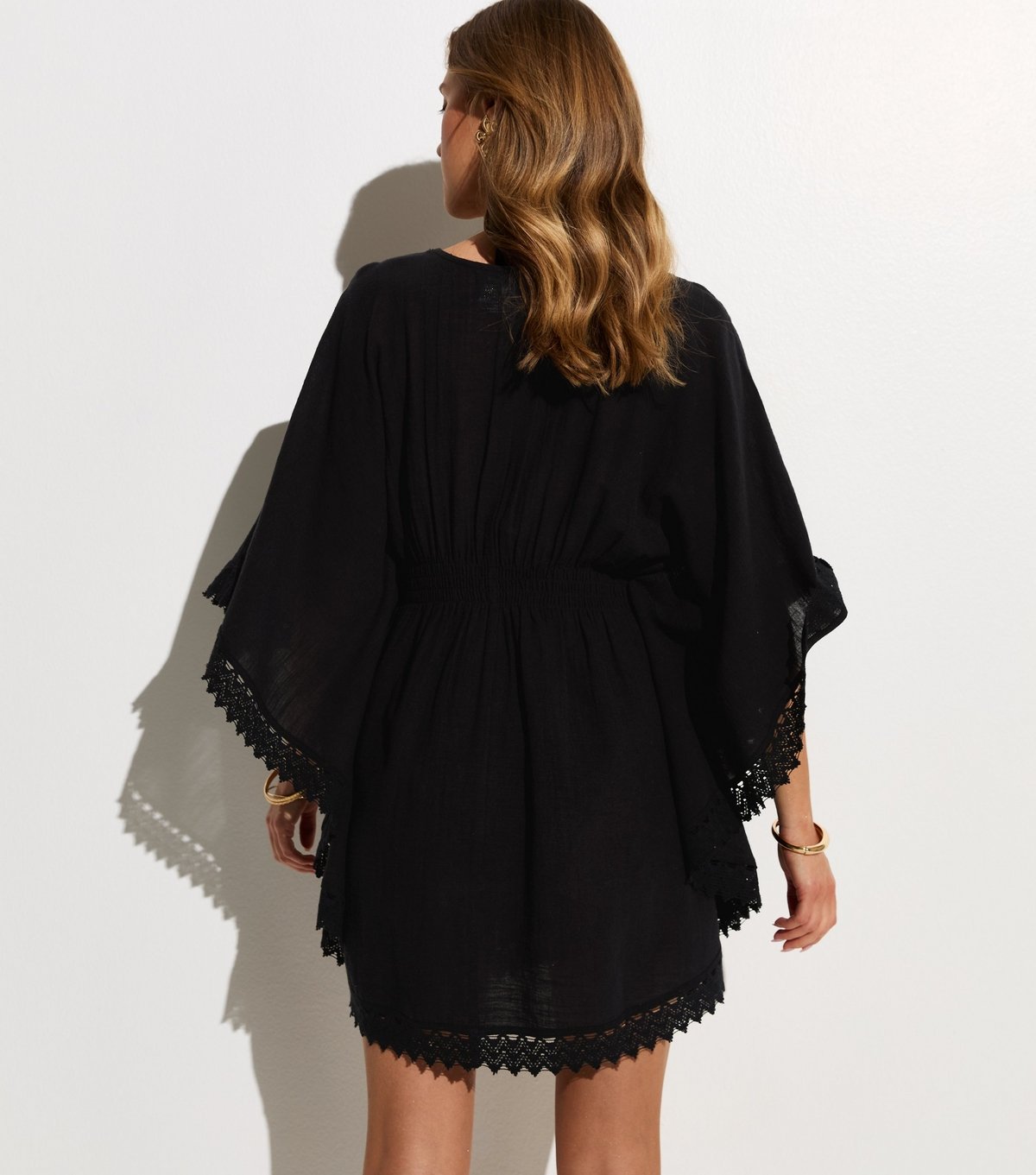 New Look Women's Black Cotton Crochet Trim Beach Kaftan Dress New Look - 4