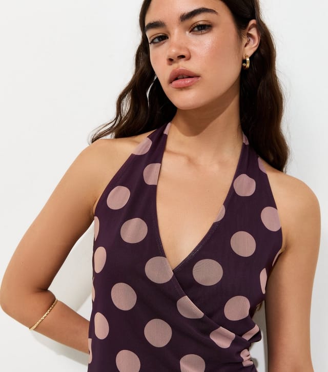 New Look Women's Burgundy Mesh Polka Dot Halterneck Mini Dress New Look - 2