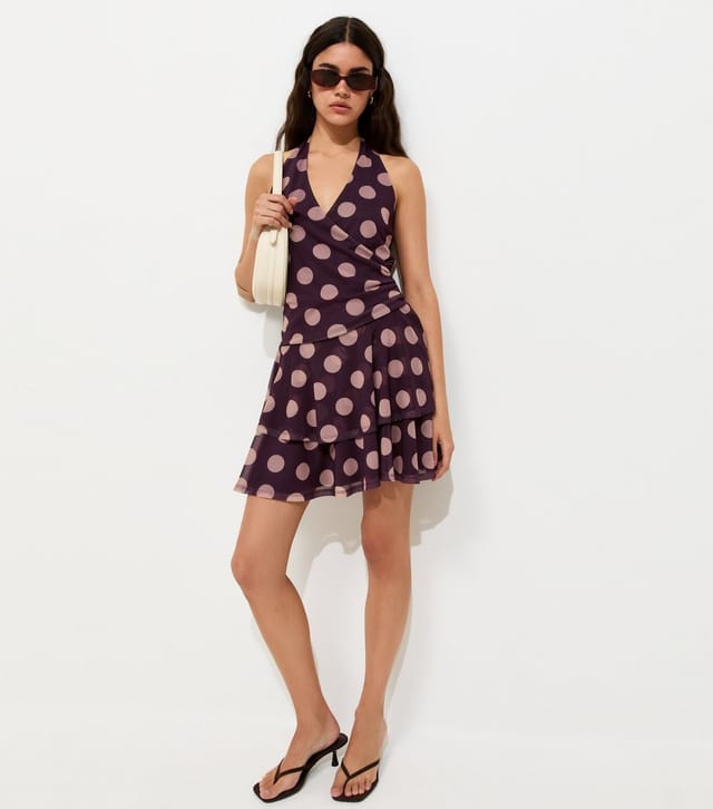New Look Women's Burgundy Mesh Polka Dot Halterneck Mini Dress New Look - 3