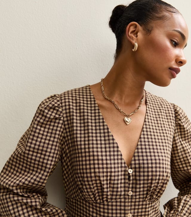 New Look Women's Petite Brown Checked V-neck Puff Sleeve Midi Dress New Look - 2