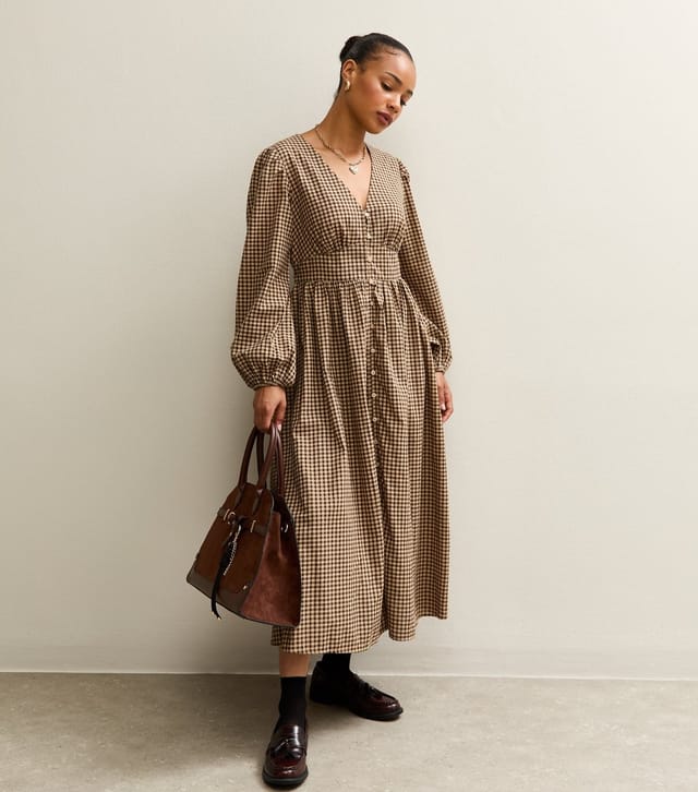 New Look Women's Petite Brown Checked V-neck Puff Sleeve Midi Dress New Look - 3