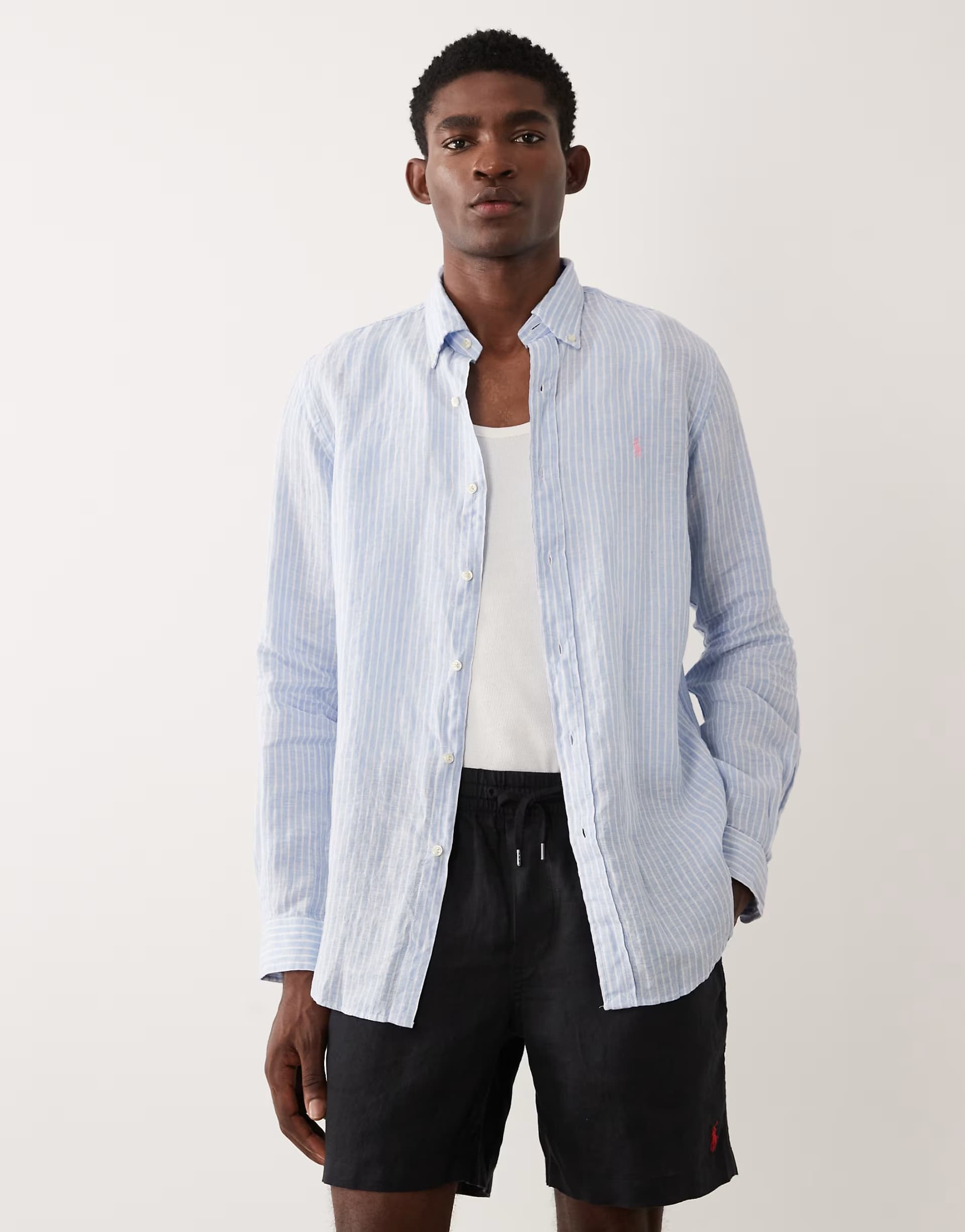 ASOS Polo Ralph Lauren icon logo striped linen long sleeve shirt in blue and white