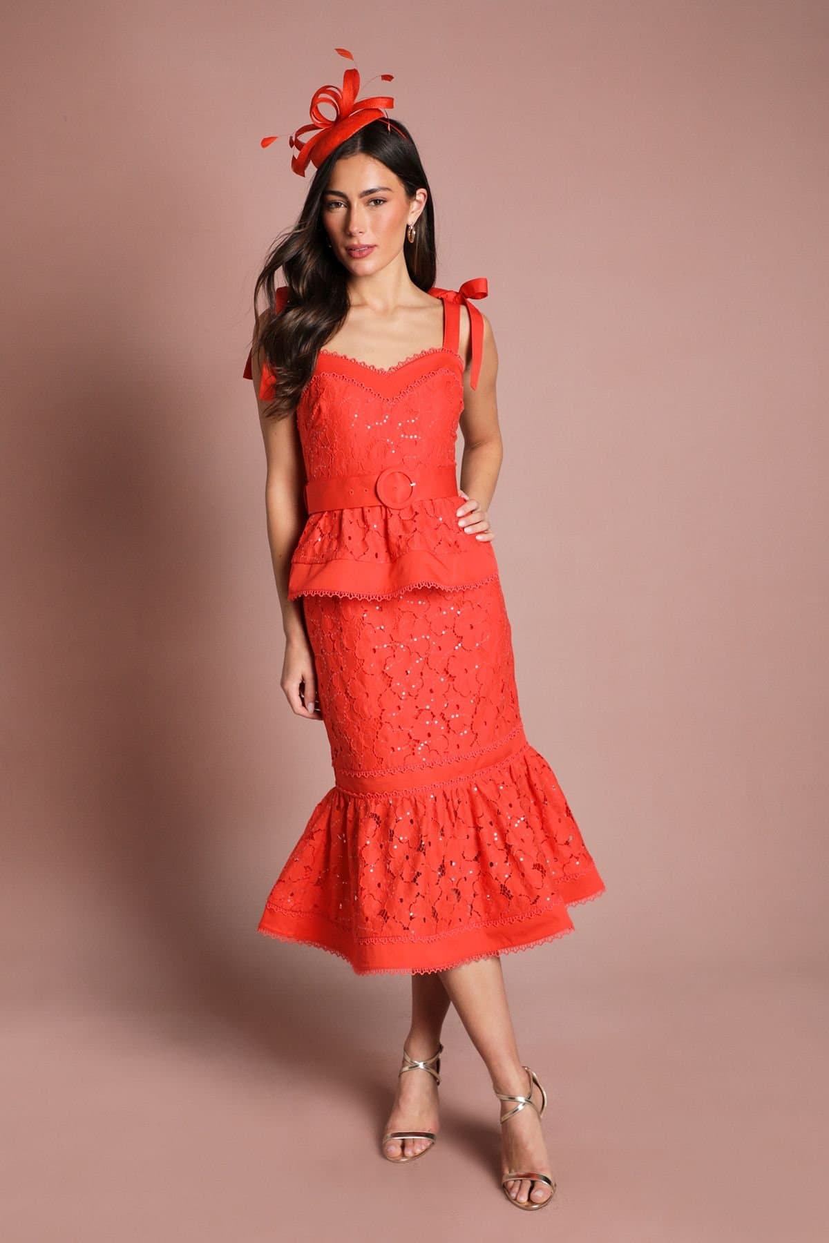 Coast Coast Women's Sequin Lace Midi Dress in Flame Red