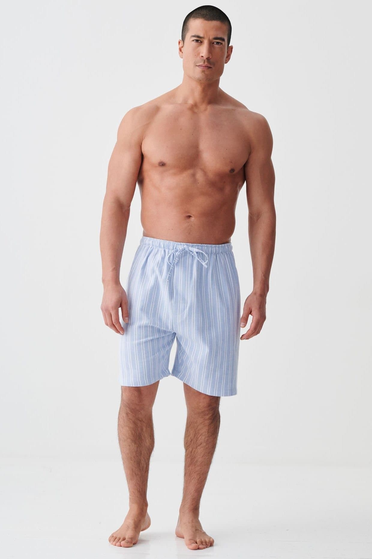 British Boxers British Boxers Men's "Westwood Blue" Stripe Brushed Cotton Sleep Shorts in Light Blue