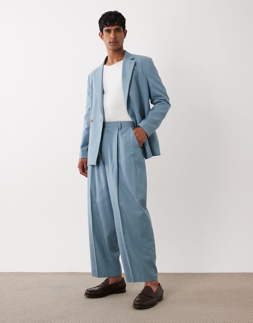 ASOS ASOS DESIGN barrel leg suit trouser in blue slub texture - 1