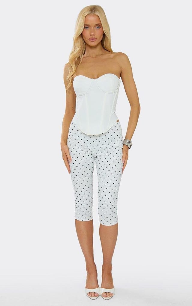 EGO Low Rise Capri Detail Leggings White Polka Dot Lace, Women's Size UK 6 - 2