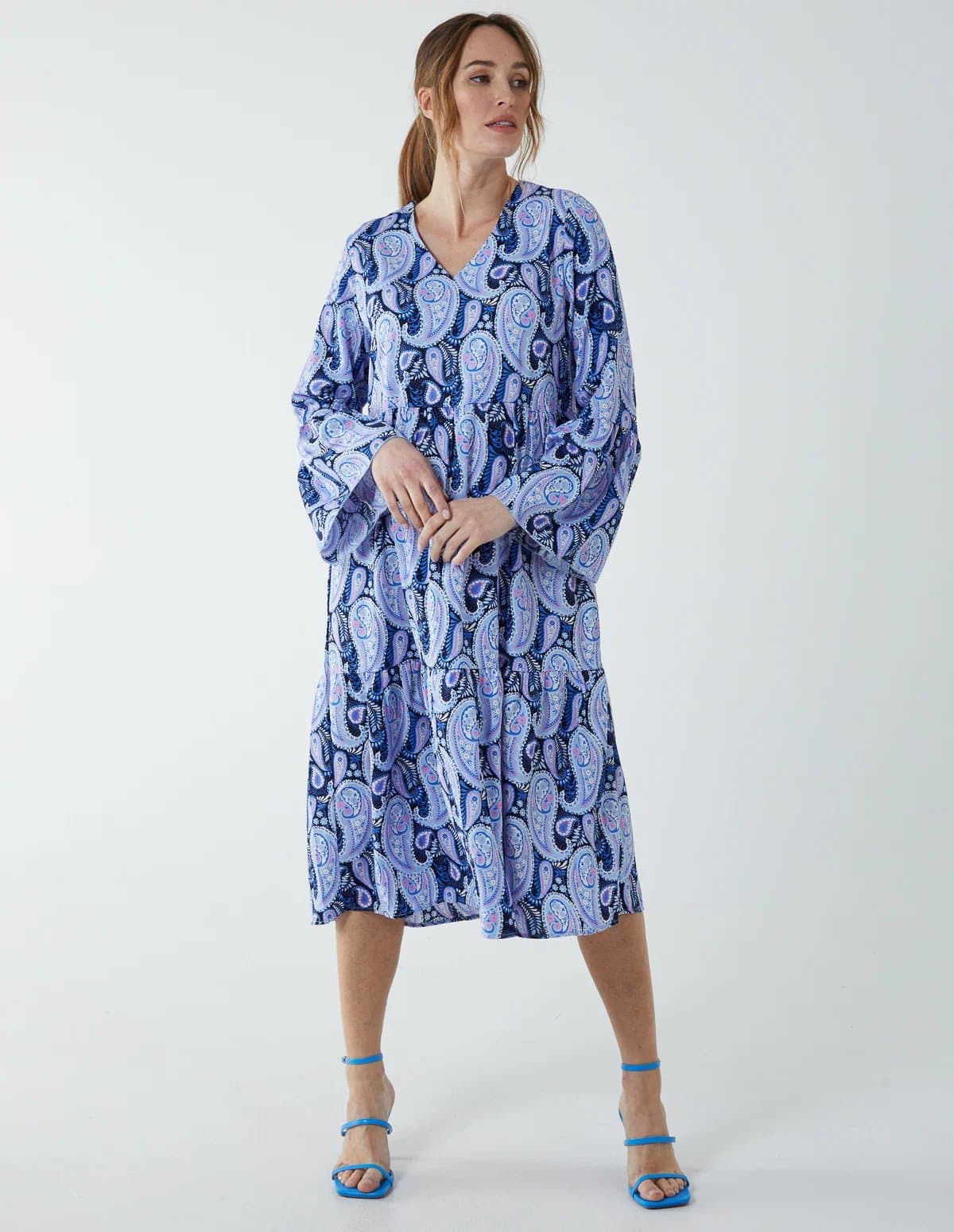 Blue Vanilla Paisley V Neck Midi Dress