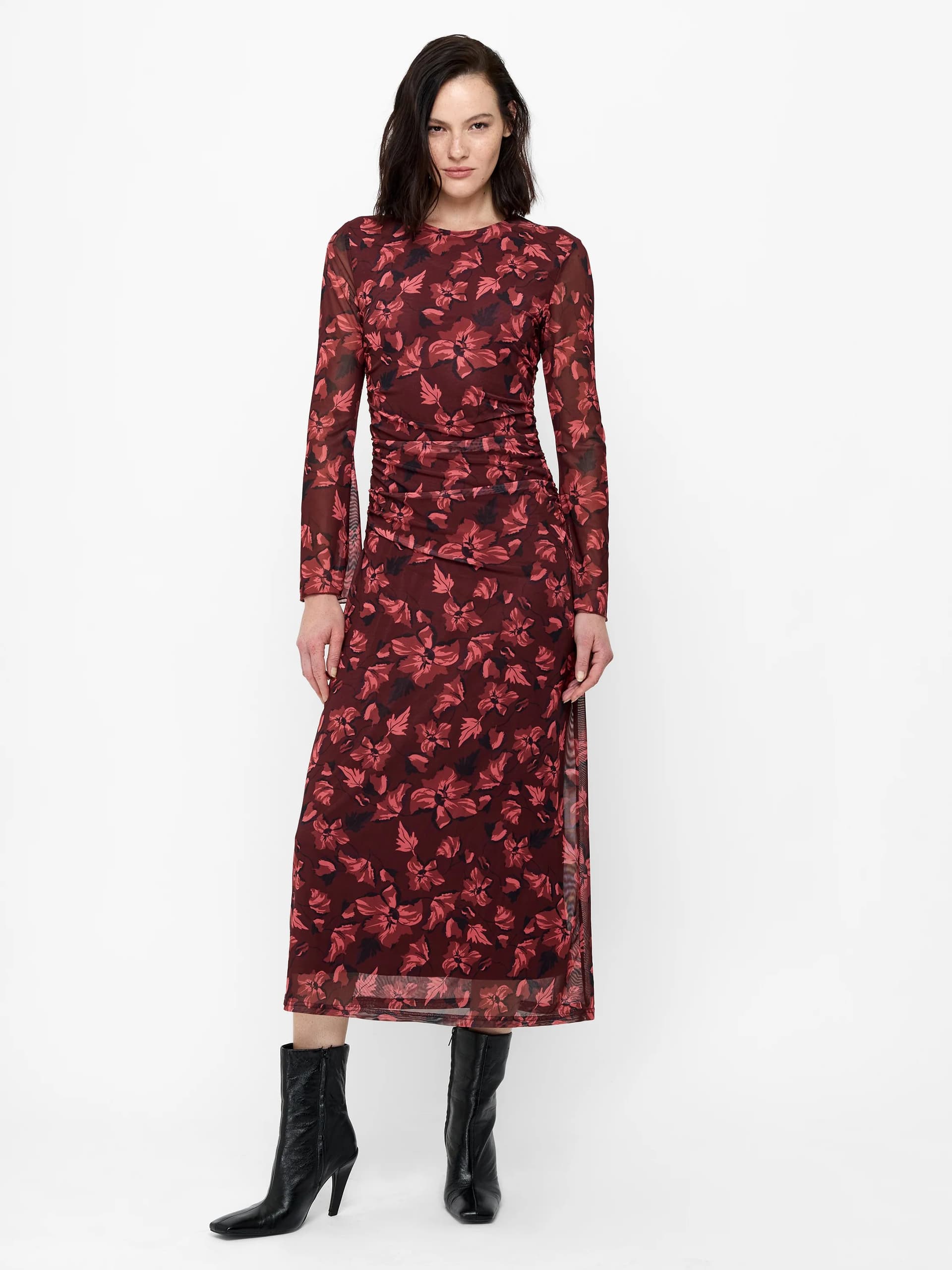 French Connection Burgundy Floral Ruched Mesh Midi Dress Cherry Liqueur Multi