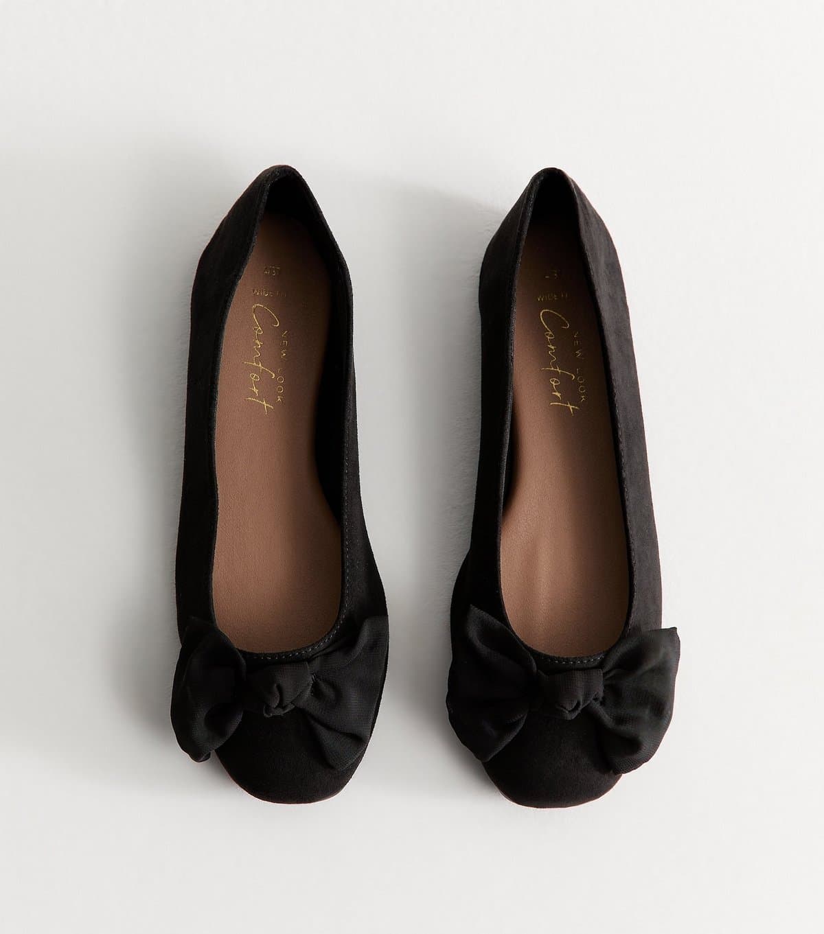 New Look Women's Wide Fit Black Faux Suede Bow Ballet Flats Vegan New Look