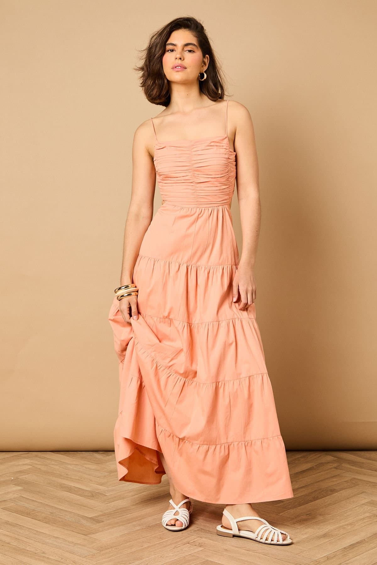 Oasis Oasis Women's Gathered Bodice Tie Back Maxi Dress in Apricot