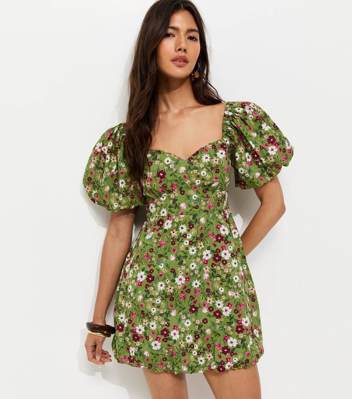 New Look Women's Green Floral Print Milkmaid Mini Dress New Look