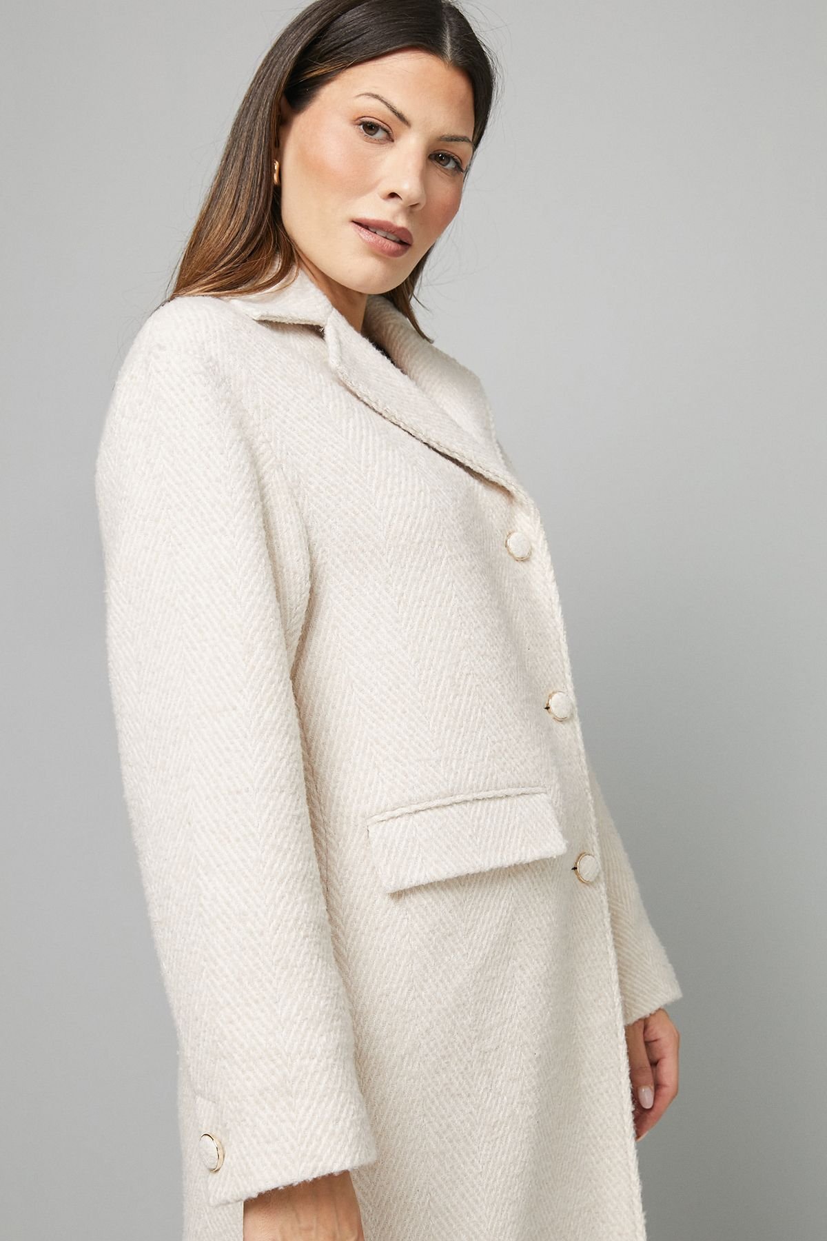 Wallis Wallis Women's Textured Single Breasted Midi Coat in Cream - 4