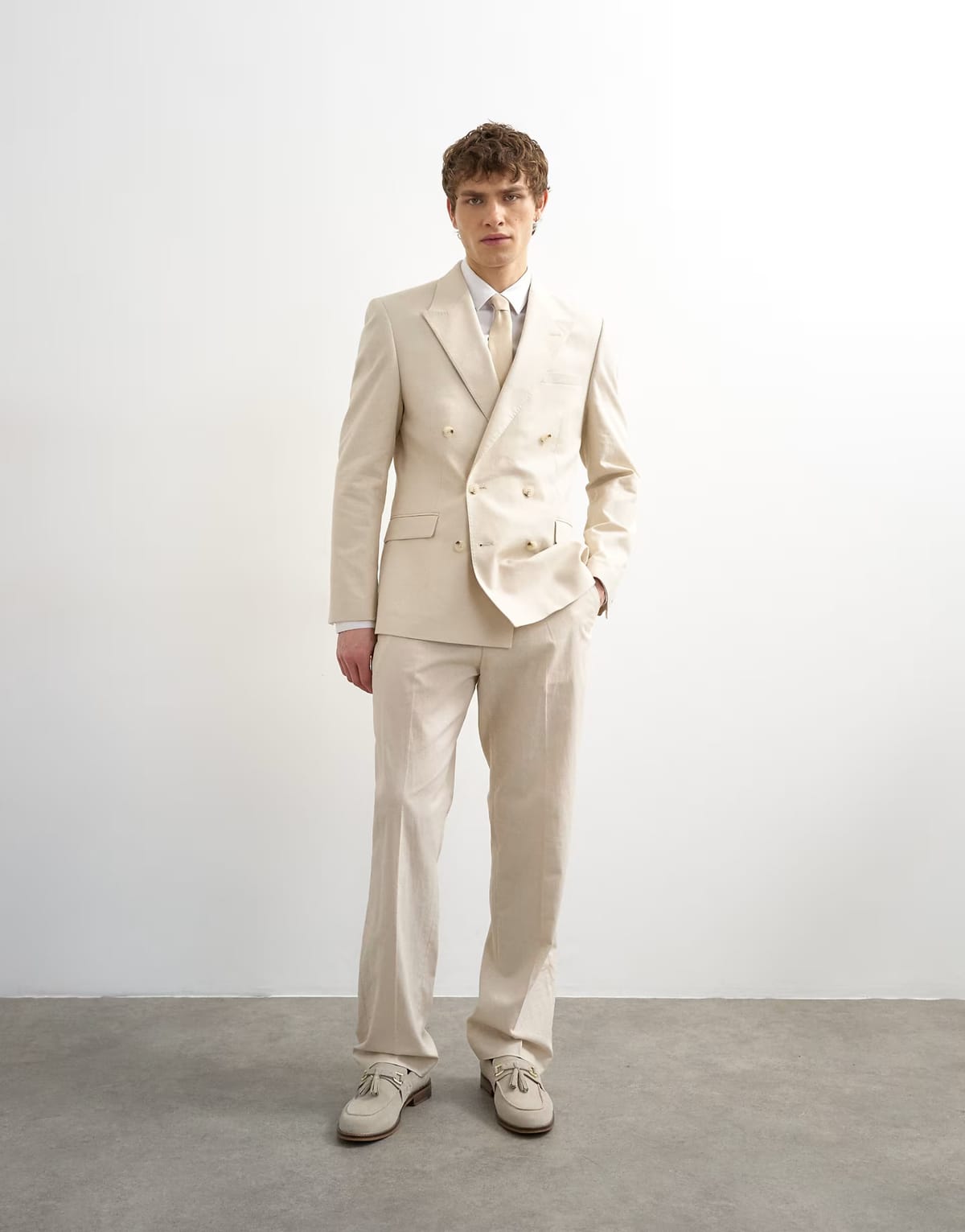 ASOS Topman straight fit linen blend trousers in stone - 1