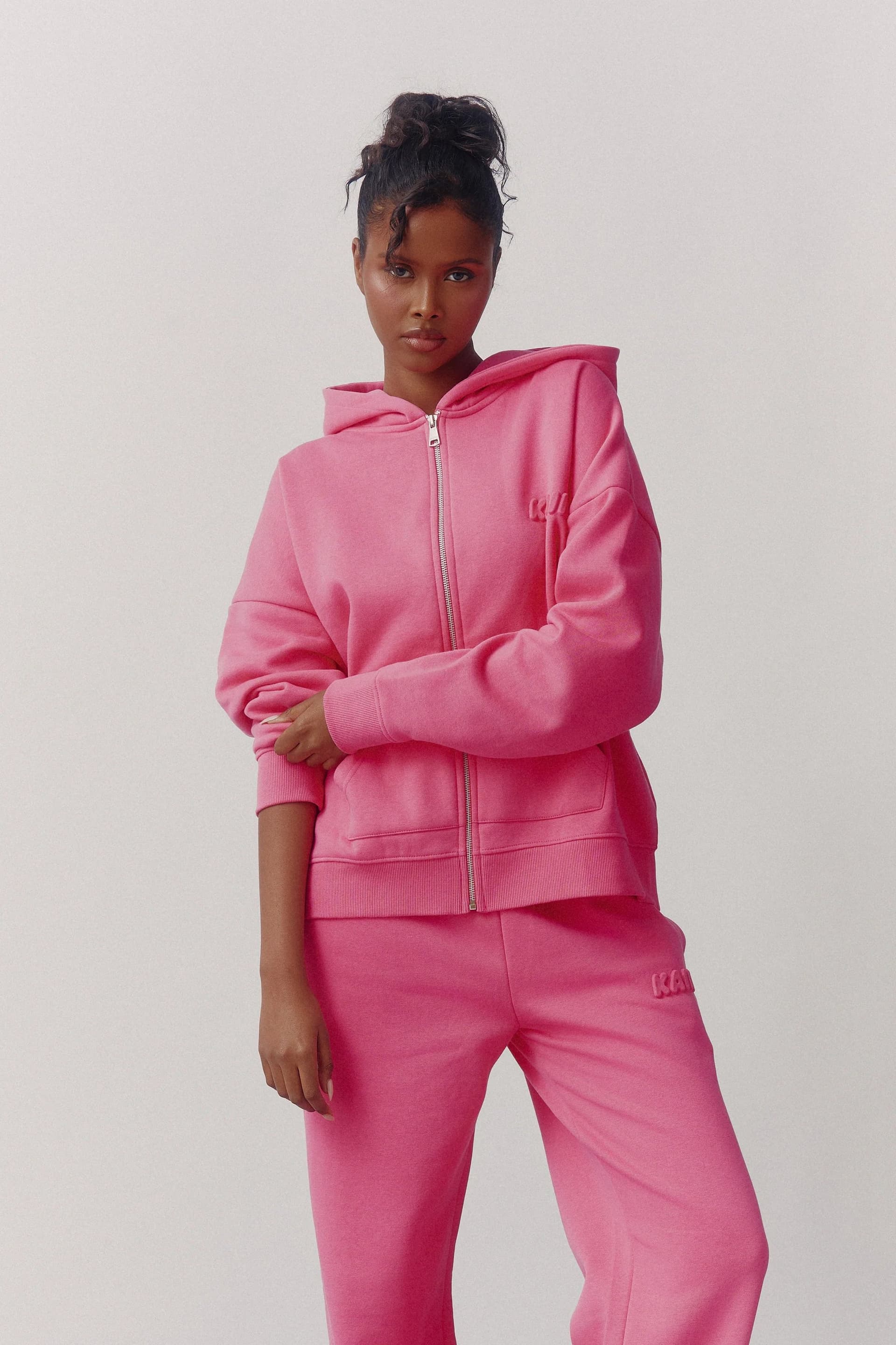Kaiia Kaiia Embossed Logo Oversized Zip Through Hoodie Fuchsia Pink