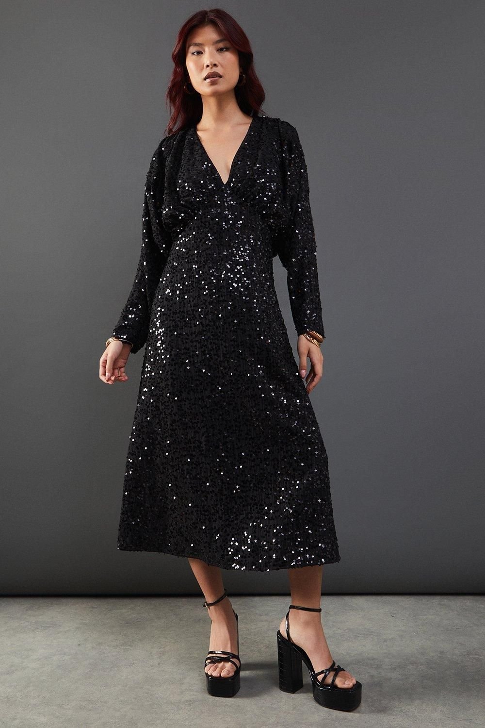Warehouse Warehouse Women's Sequin Crinkle Batwing Plunge Neck Midi Dress in Black - 1