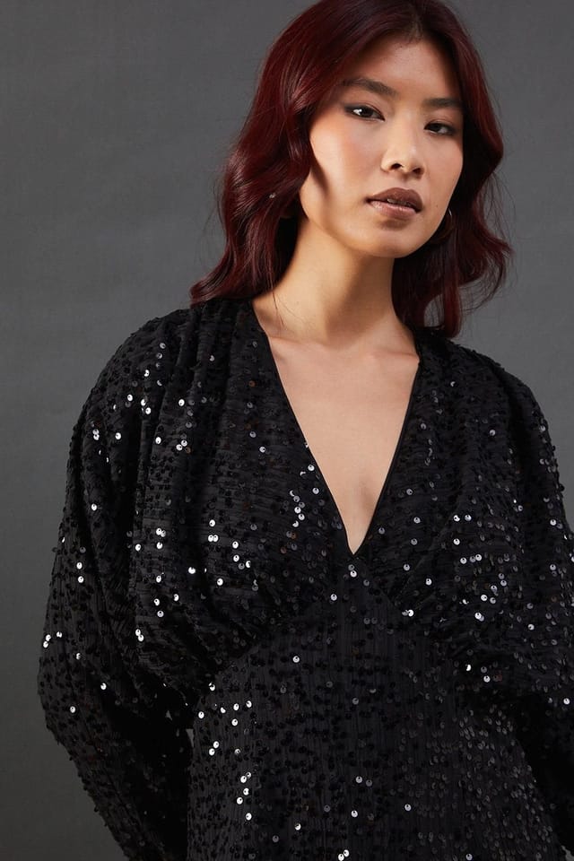 Warehouse Warehouse Women's Sequin Crinkle Batwing Plunge Neck Midi Dress in Black - 2