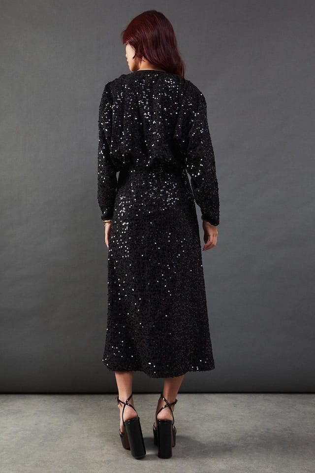 Warehouse Warehouse Women's Sequin Crinkle Batwing Plunge Neck Midi Dress in Black - 3