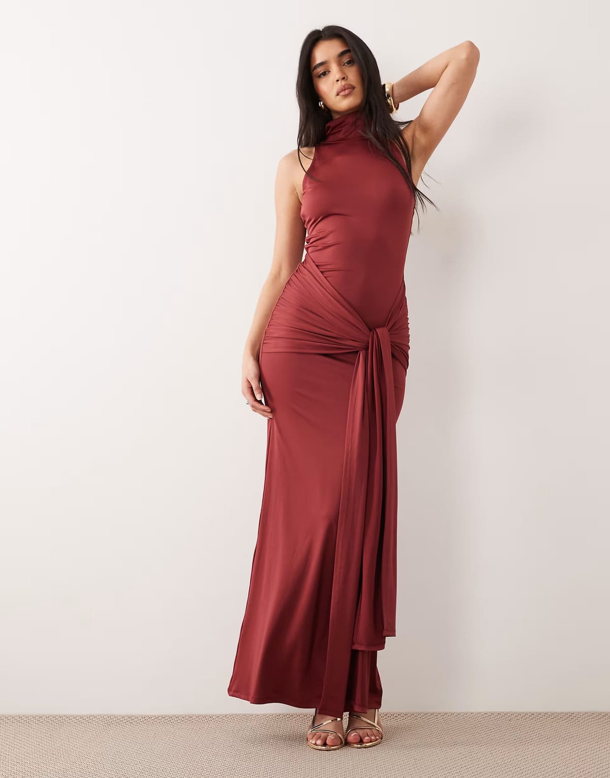ASOS Aria Cove double sculpted slinky high neck drape front maxi dress in burgundy - 1