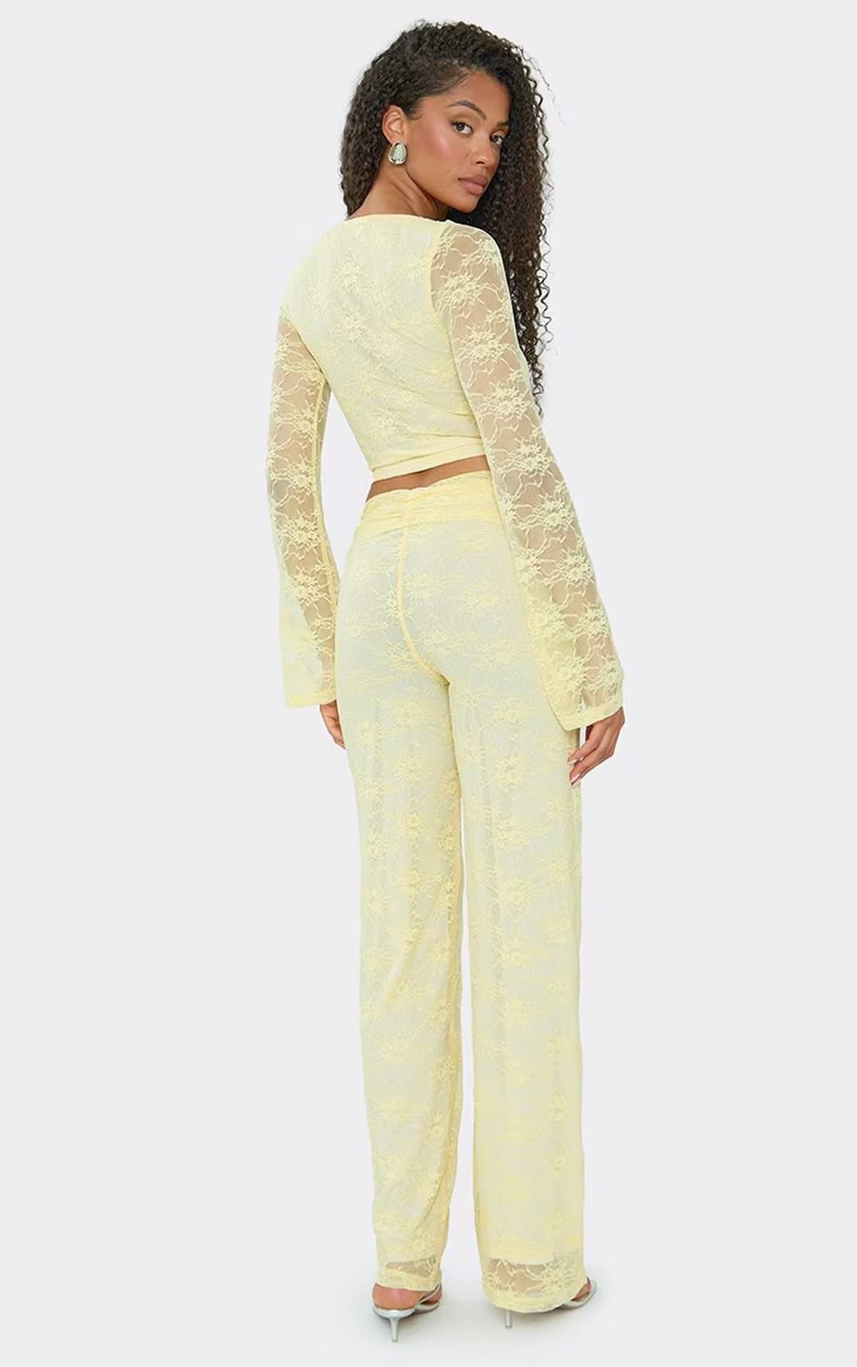 EGO Ruched Waistband Straight Leg Trousers In Lemon Lace., Women's Size UK 6
