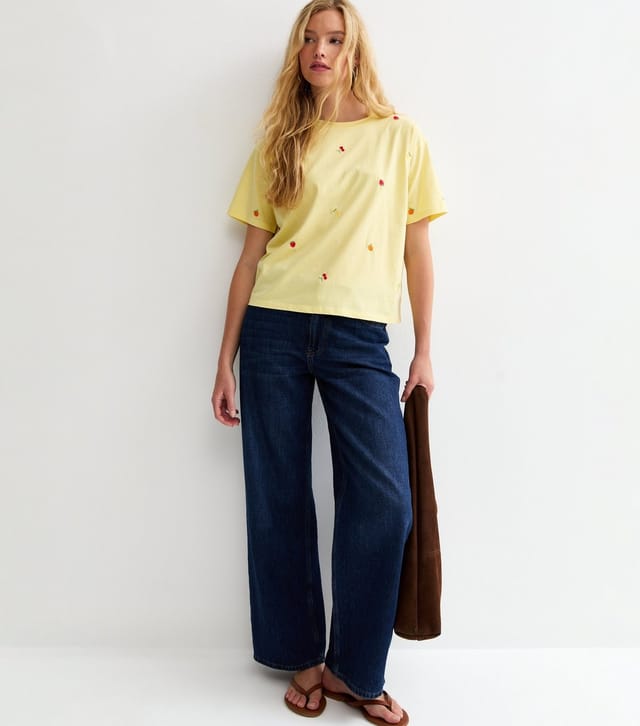 New Look Women's Yellow Cotton Boxy Embroidered Fruit T-Shirt New Look - 3