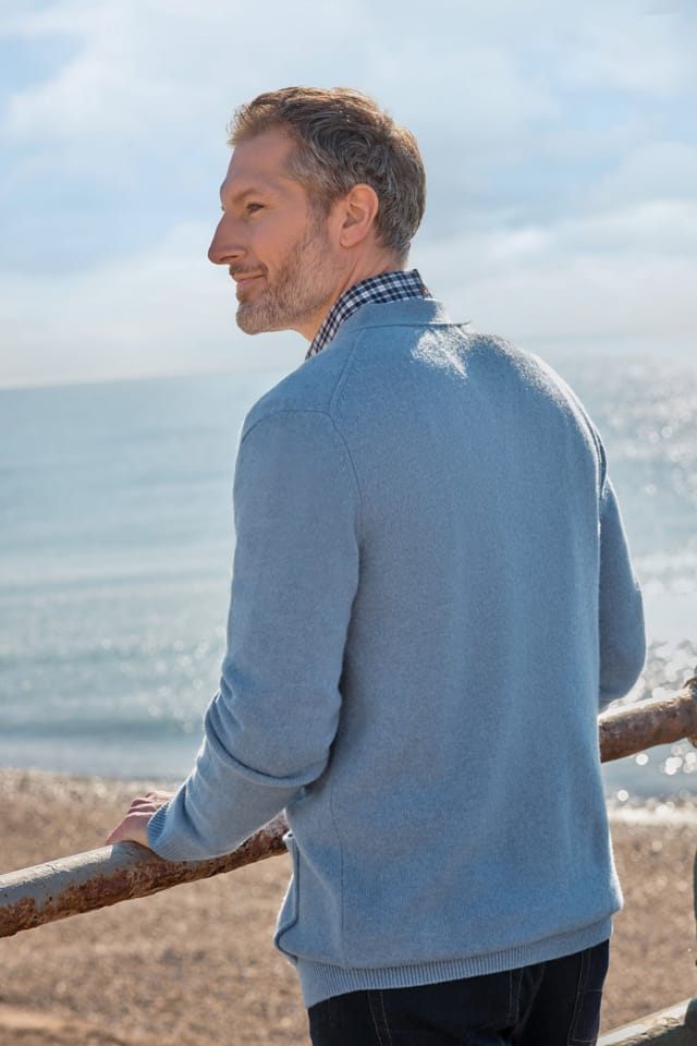 WoolOvers WoolOvers Men's 100% Wool V Neck Cardigan in Light Blue - 3