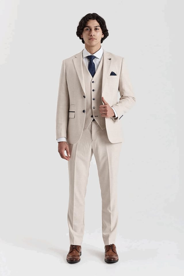 Paul Andrew Paul Andrew Men's Regent 3 Piece Suit Prince Of Wales Check Tailored Fit Formal Dress in Cream - 2