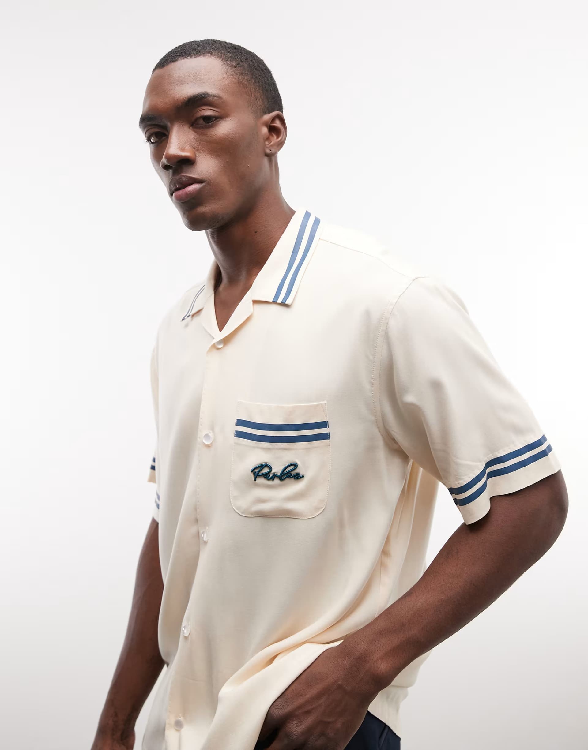 ASOS Parlez short sleeve channel button up shirt with contrast stripe details in cream