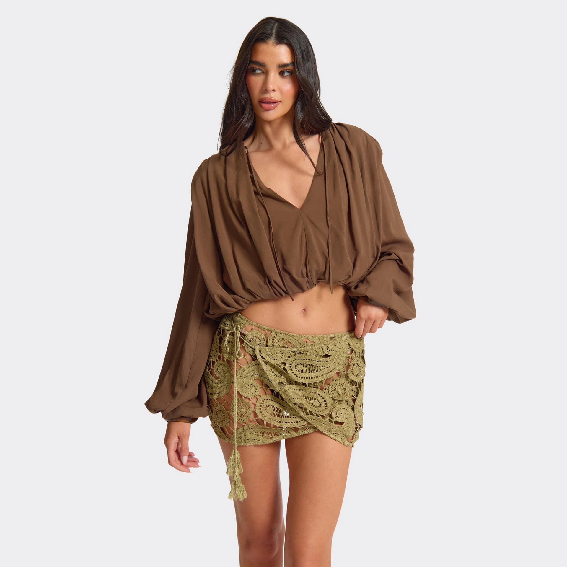 EGO EGO Brown Woven Balloon Sleeve Blouse, Women's Size UK L