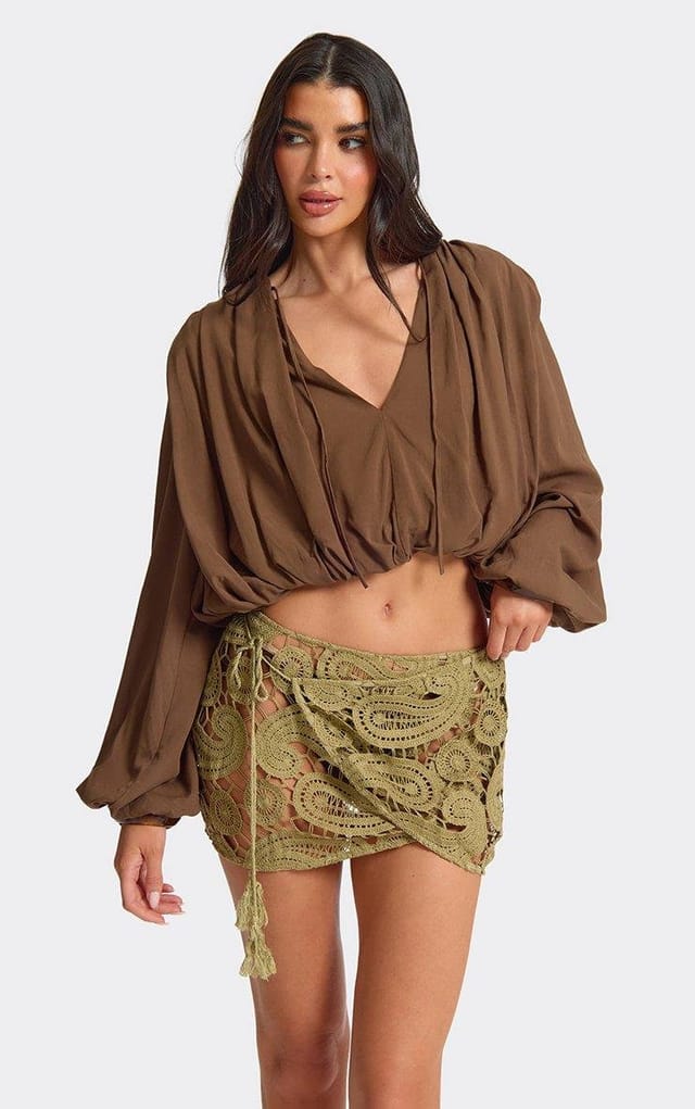 EGO Balloon Sleeve Plunge Neck Ruched Blouse In Brown Woven, Women's Size UK L - 2