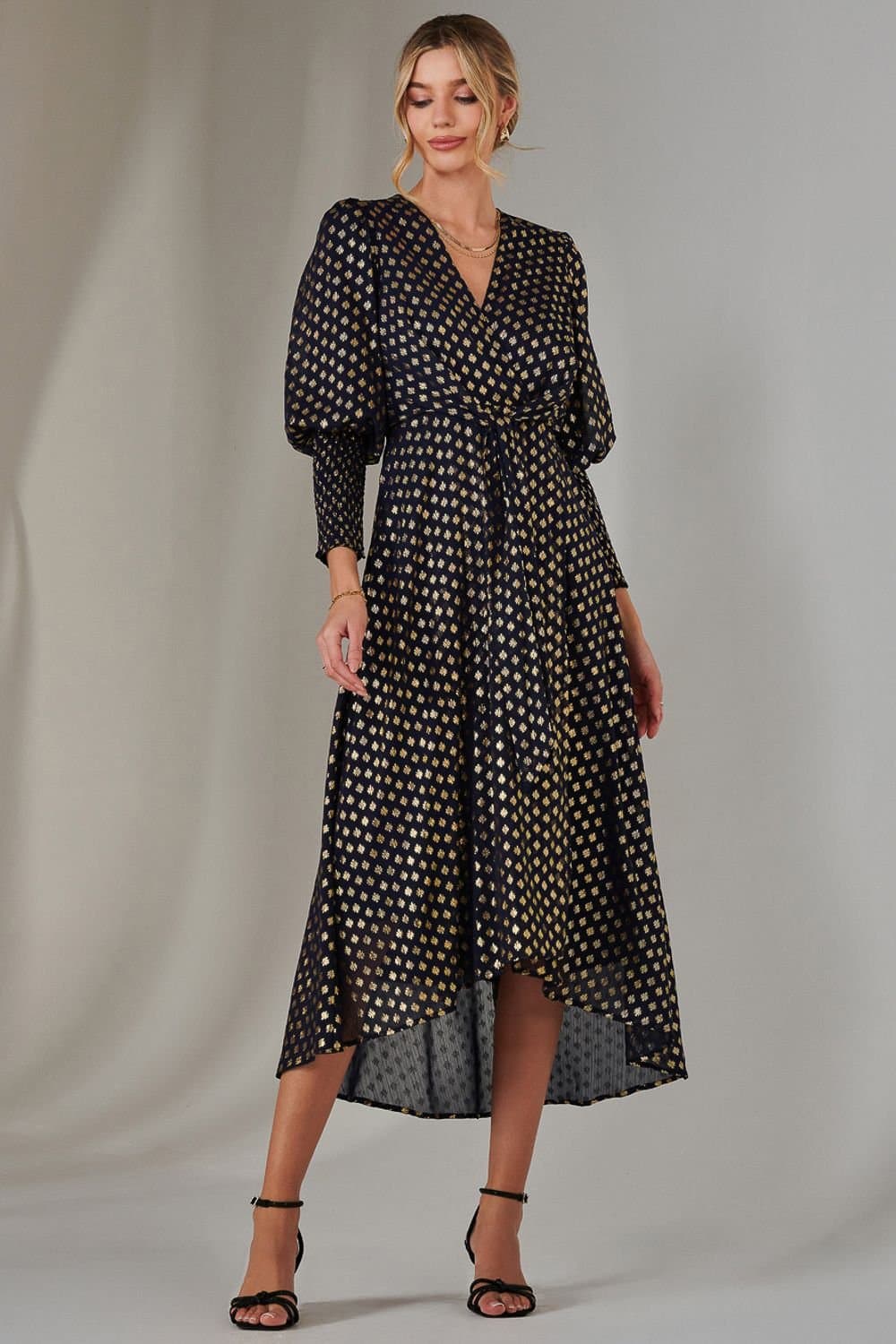 Jolie Moi Jolie Moi Women's Metallic Spot Print Puffy Sleeve Maxi Dress in Navy