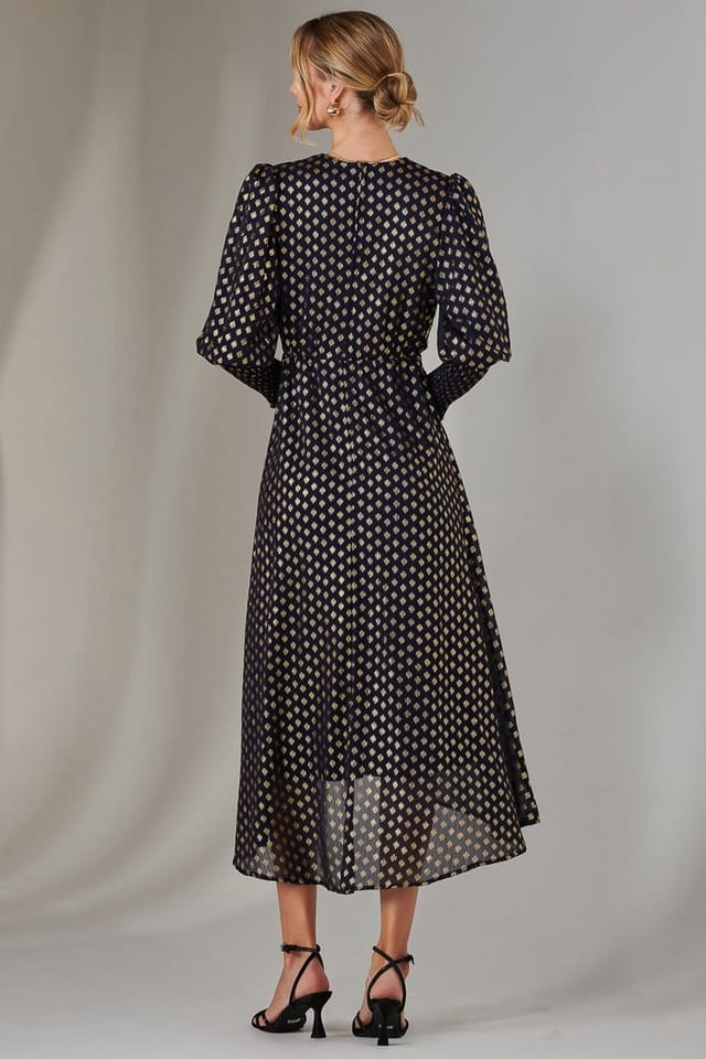 Jolie Moi Jolie Moi Women's Metallic Spot Print Puffy Sleeve Maxi Dress in Navy - 2