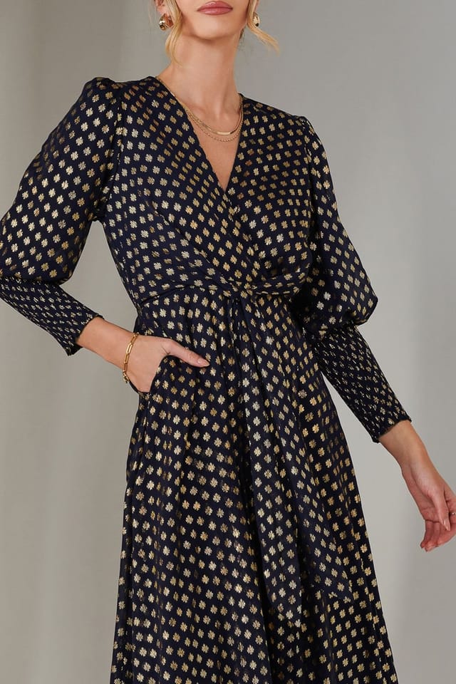 Jolie Moi Jolie Moi Women's Metallic Spot Print Puffy Sleeve Maxi Dress in Navy - 3