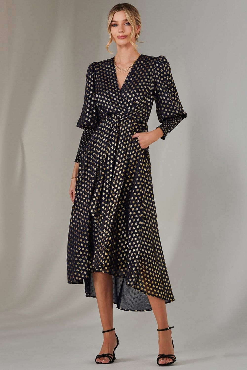 Jolie Moi Jolie Moi Women's Metallic Spot Print Puffy Sleeve Maxi Dress in Navy - 4