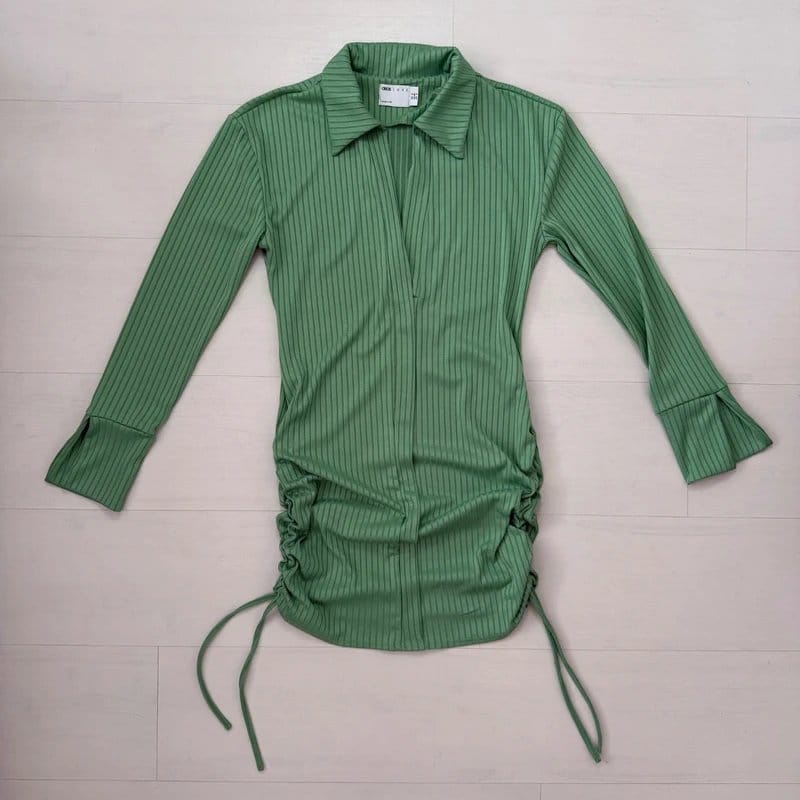 ASOS Green Striped Ruched Long-Sleeve Shirt