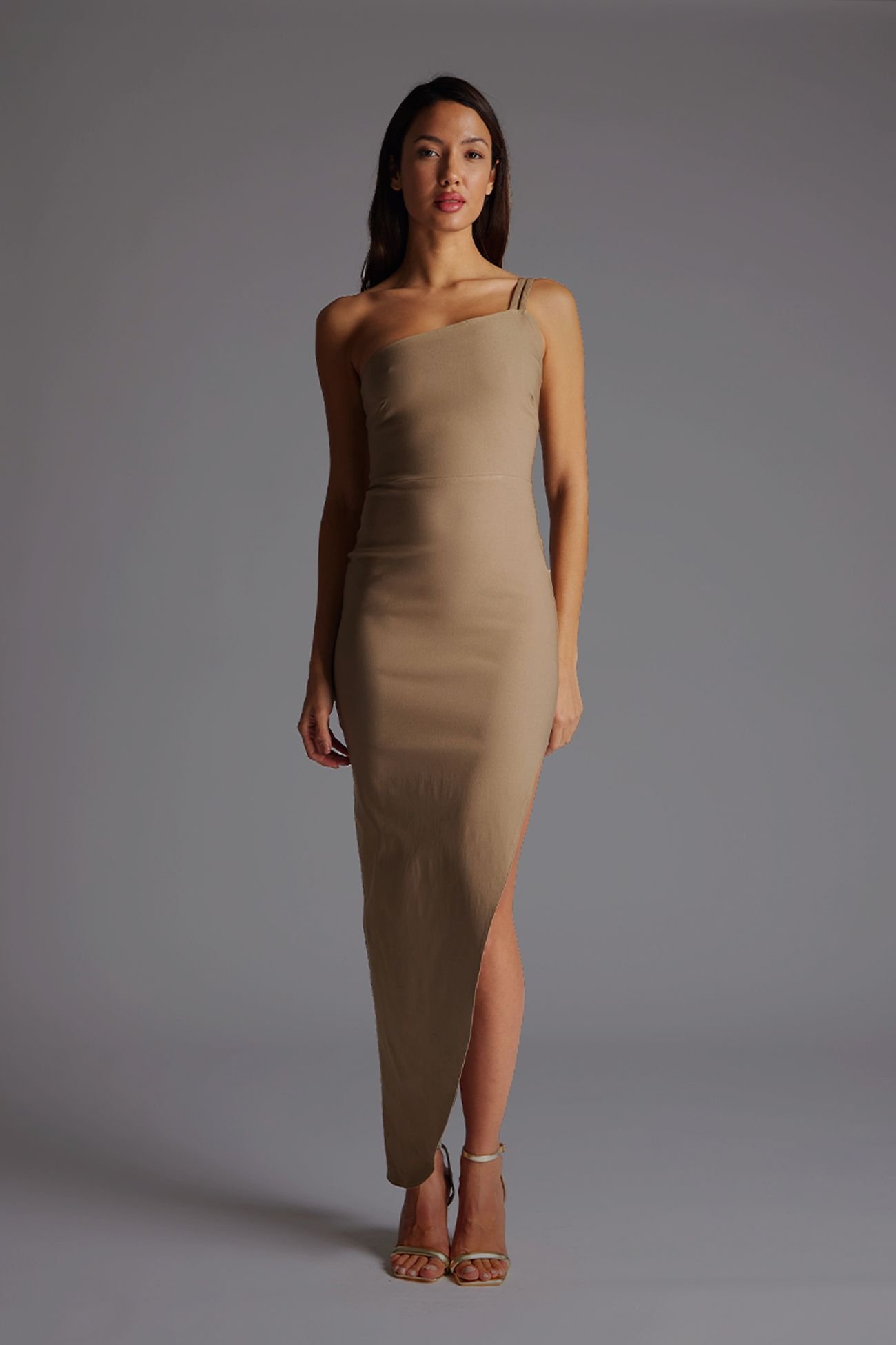 Vesper Vesper Women's One Shoulder Strappy Maxi Dress with Thigh Split in Taupe - 1