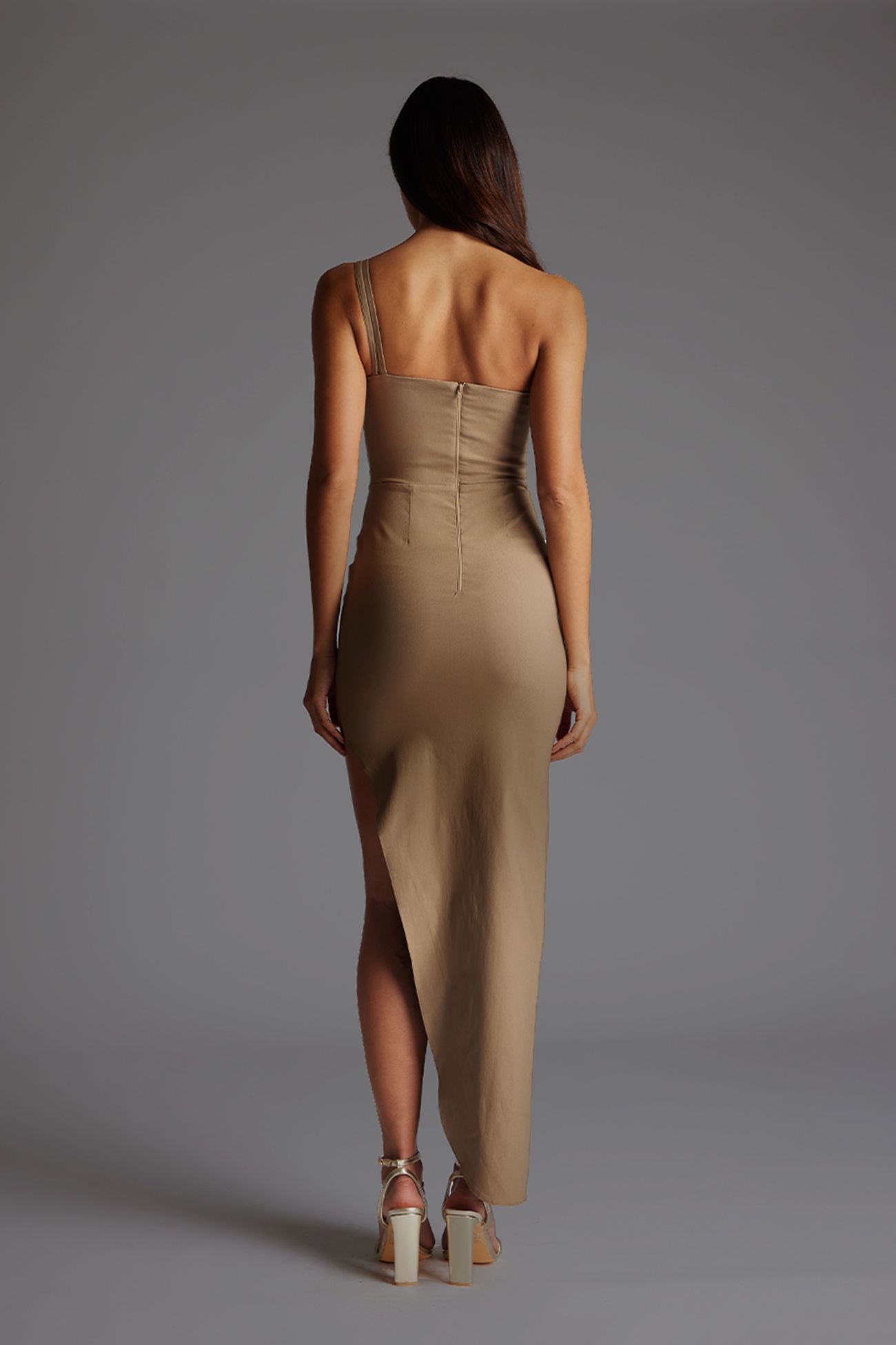 Vesper Vesper Women's One Shoulder Strappy Maxi Dress with Thigh Split in Taupe - 4