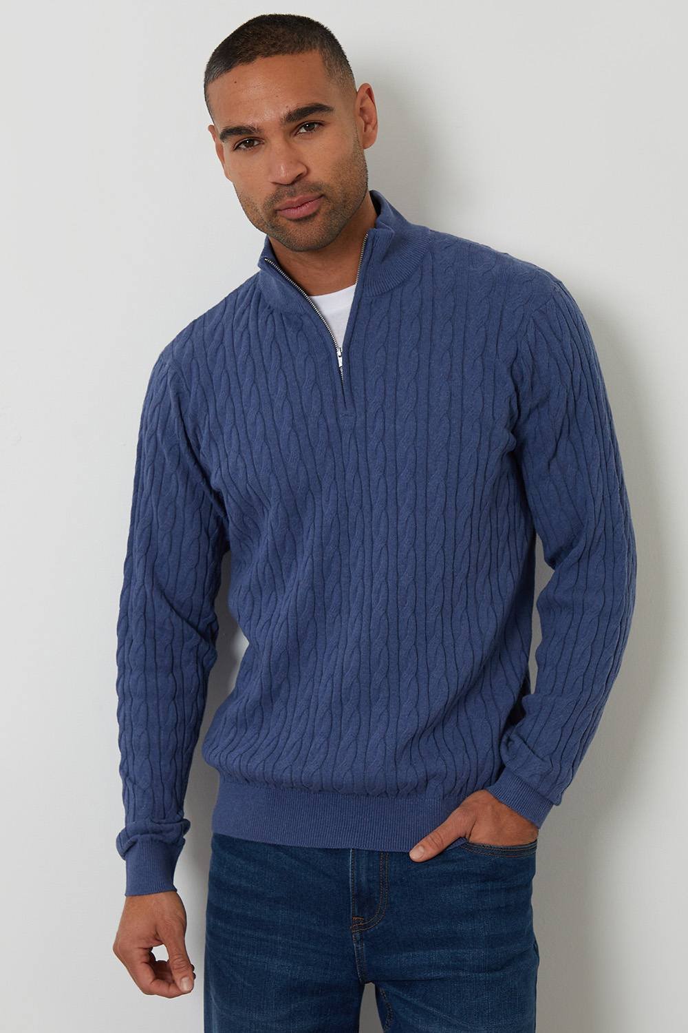 Threadbare Threadbare Men's Cable Knit Quarter Zip Jumper in Blue - 2