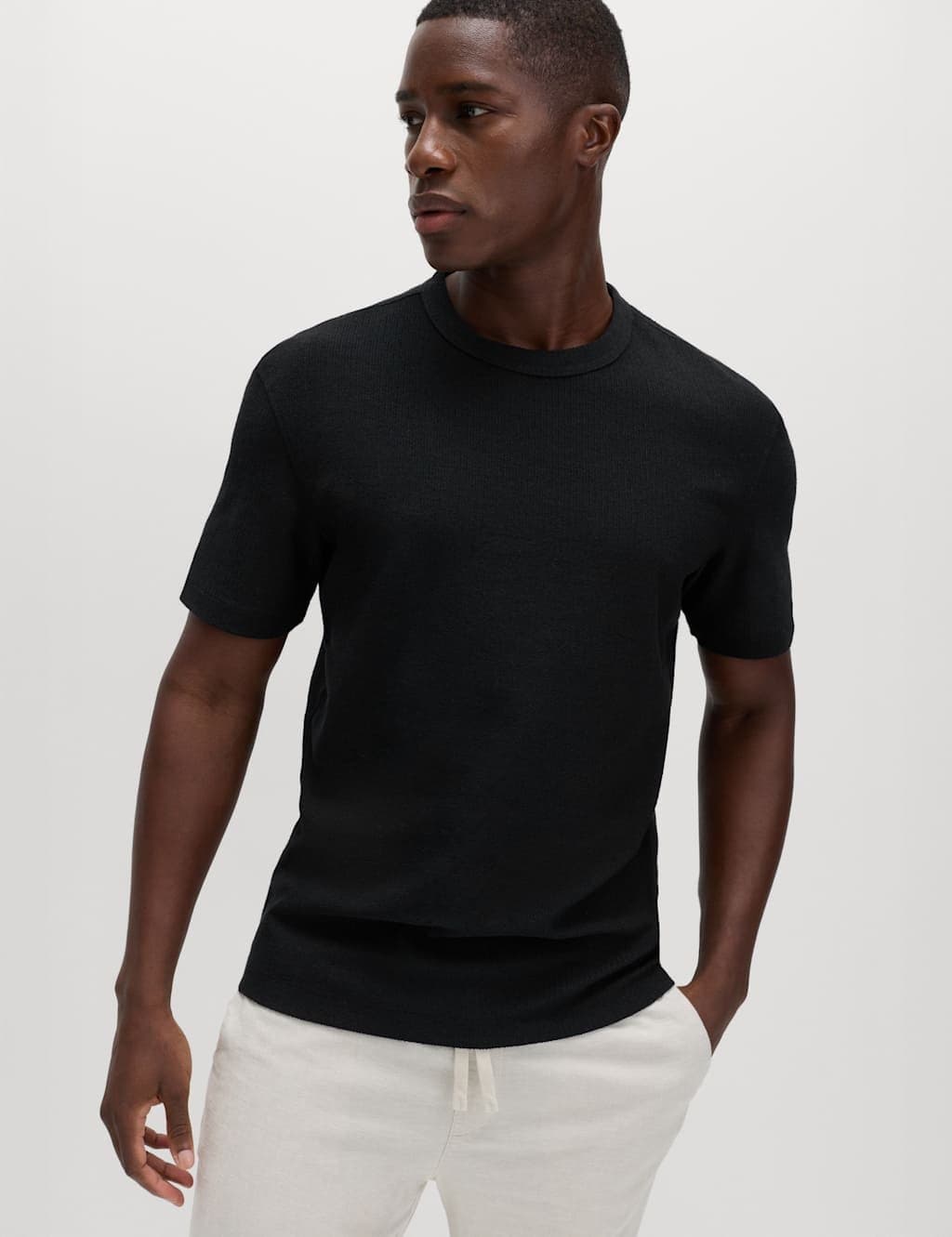 Marks & Spencer M&S Relaxed Fit Cotton Blend Textured T-Shirt Black