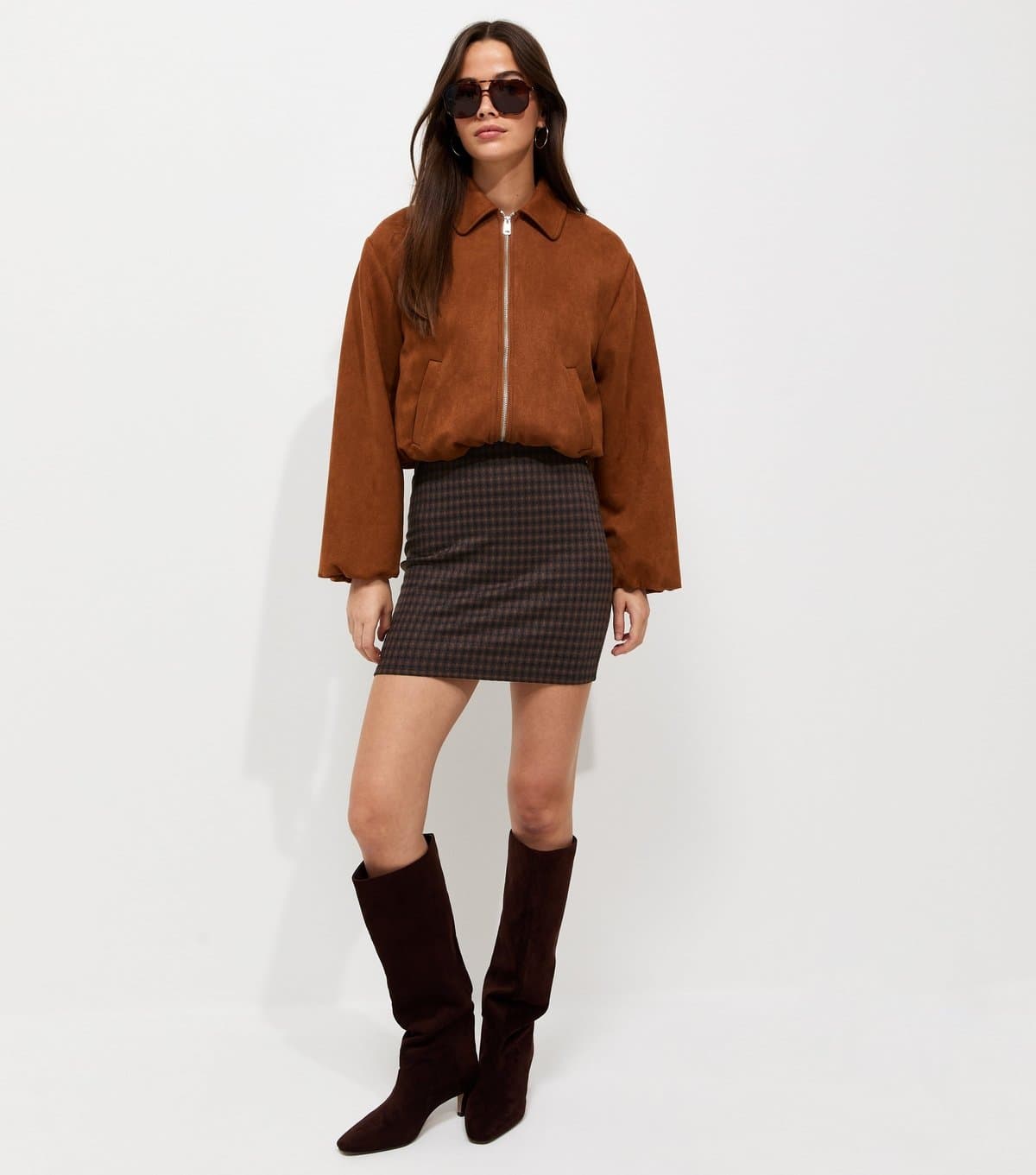 New Look Women's Brown Jacquard Jersey Check Tube Mini Skirt New Look