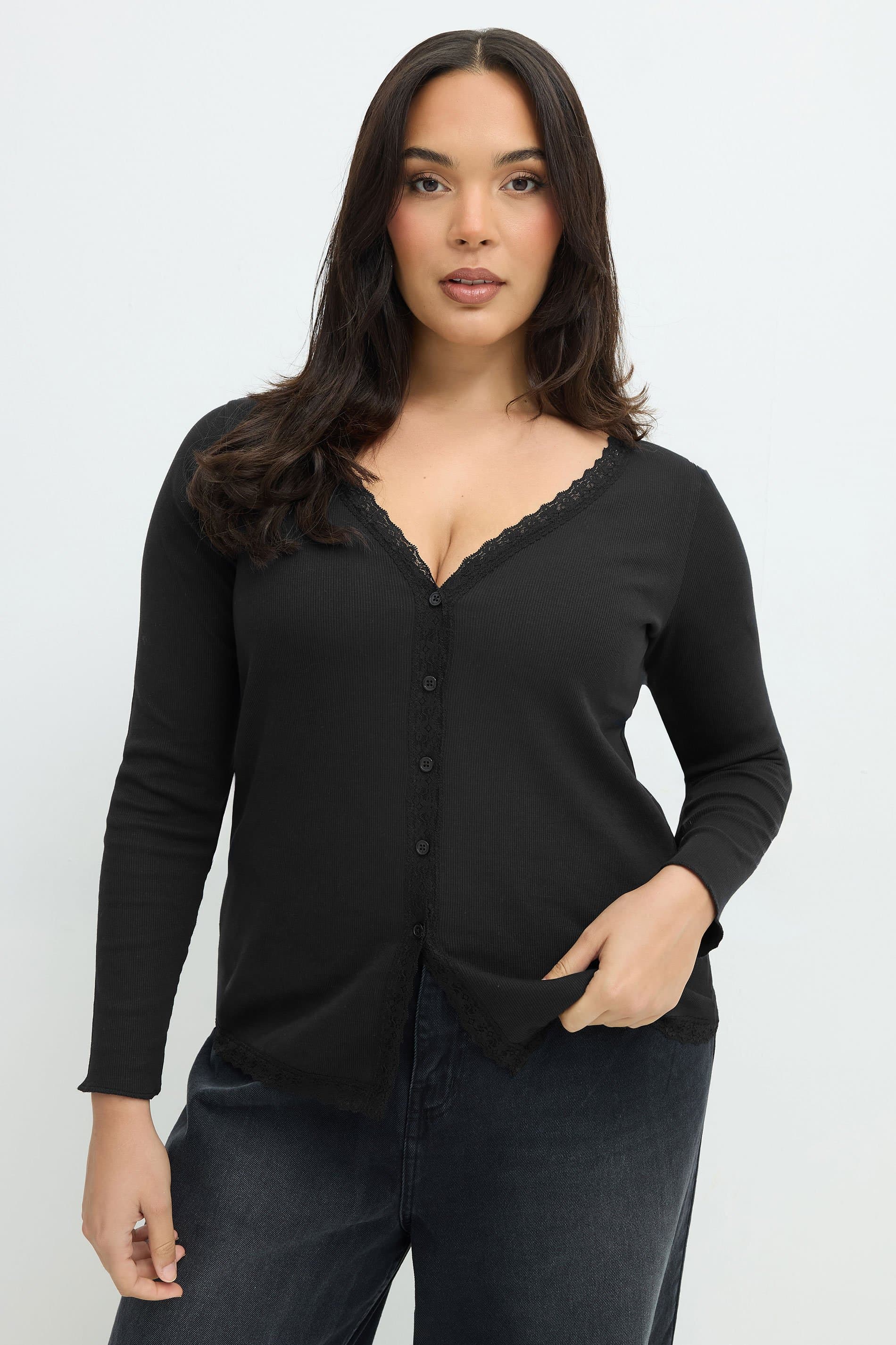 Limited Collection Plus Size Black Lace Edge Long Sleeve Top