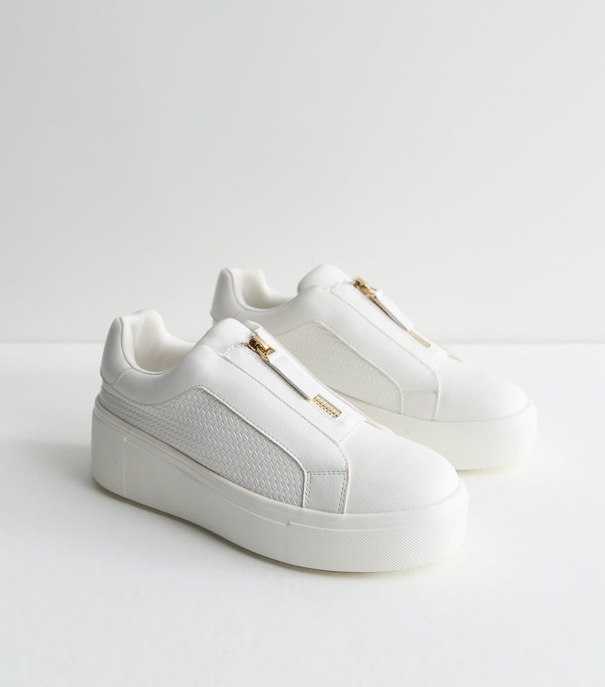 New Look Women's White Faux Leather Zip Top Wedge Trainers Vegan New Look