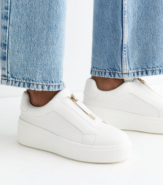 New Look Women's White Faux Leather Zip Top Wedge Trainers Vegan New Look - 2